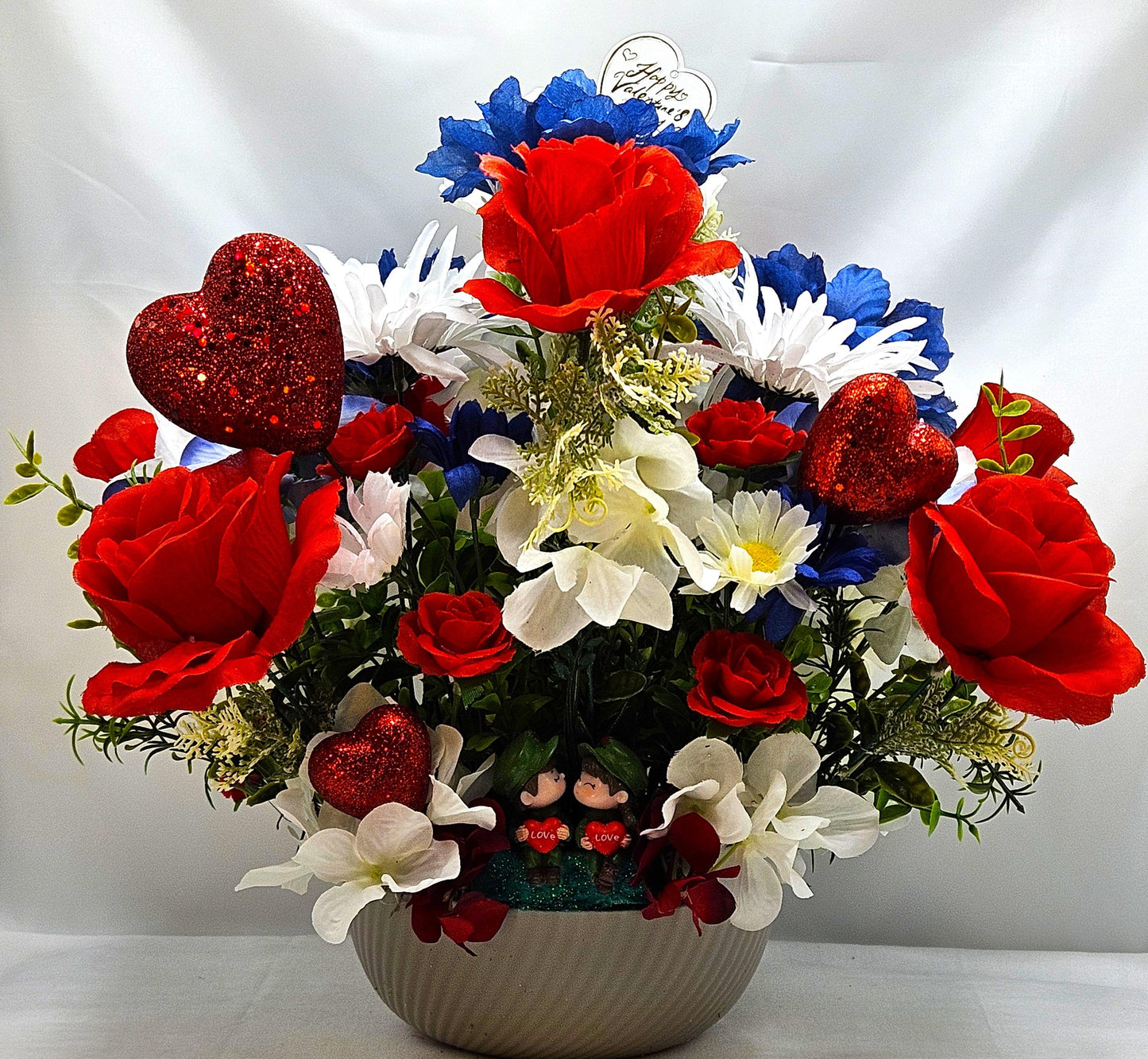 Romantic Flower Arrangement for Military Couple, Grey Plastic Bowl, Artificial Florals, Red Hearts, Love Gift