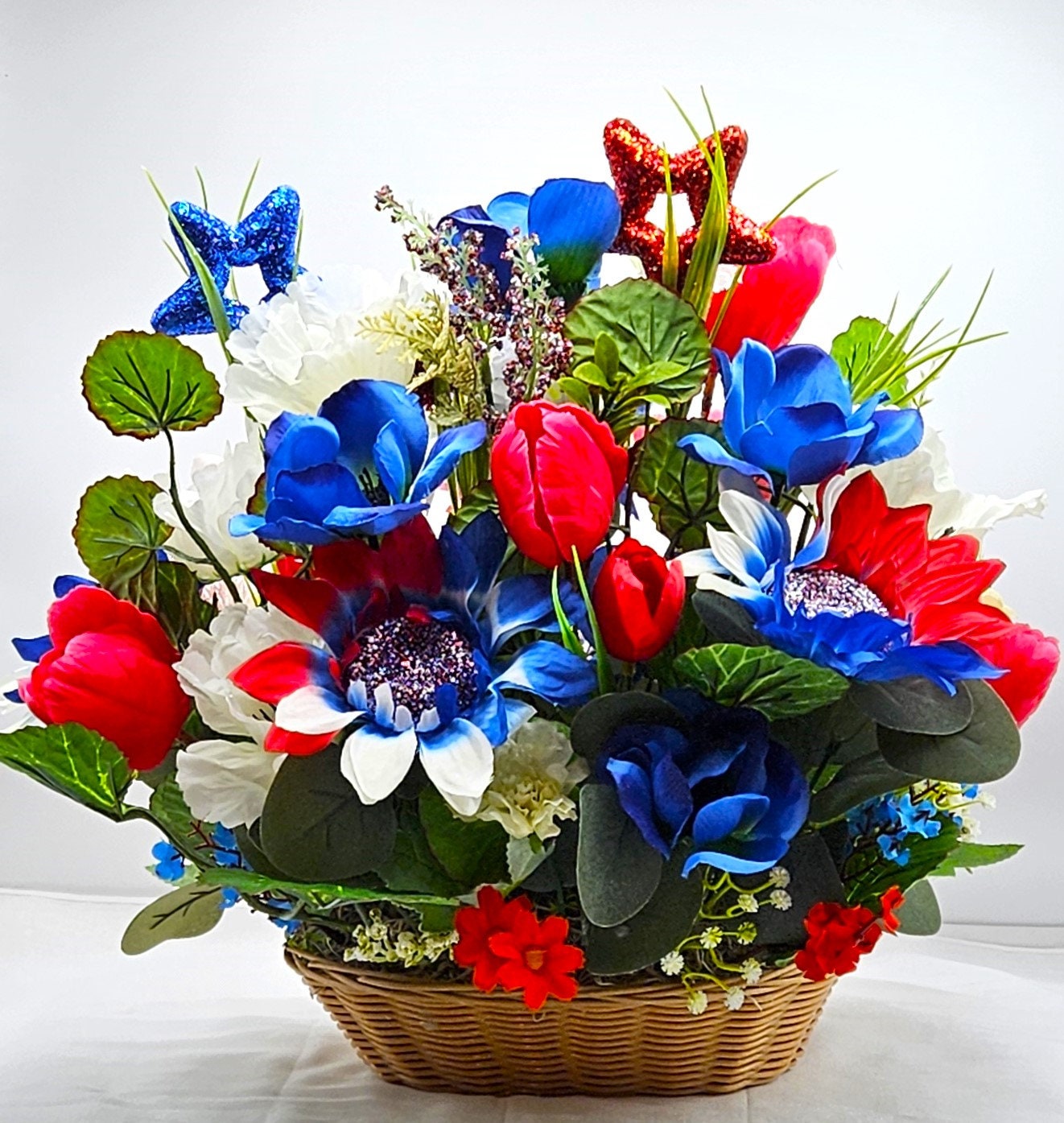 Red White Blue Weiner Dog Flower Arrangement, Patriotic Dachshund Decor, American Hat, God Bless America Gift