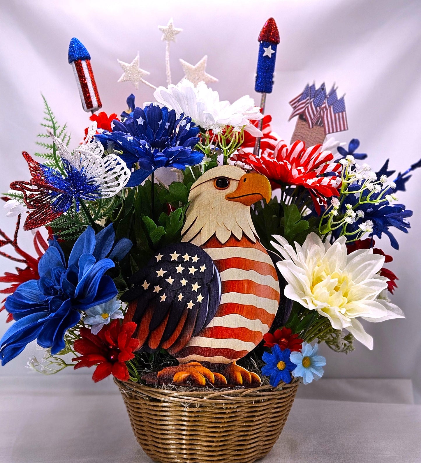 American Pride Garden Decor, Majestic Eagle Display, Floral Patriotism, Stars and Stripes, USA Butterfly Feature