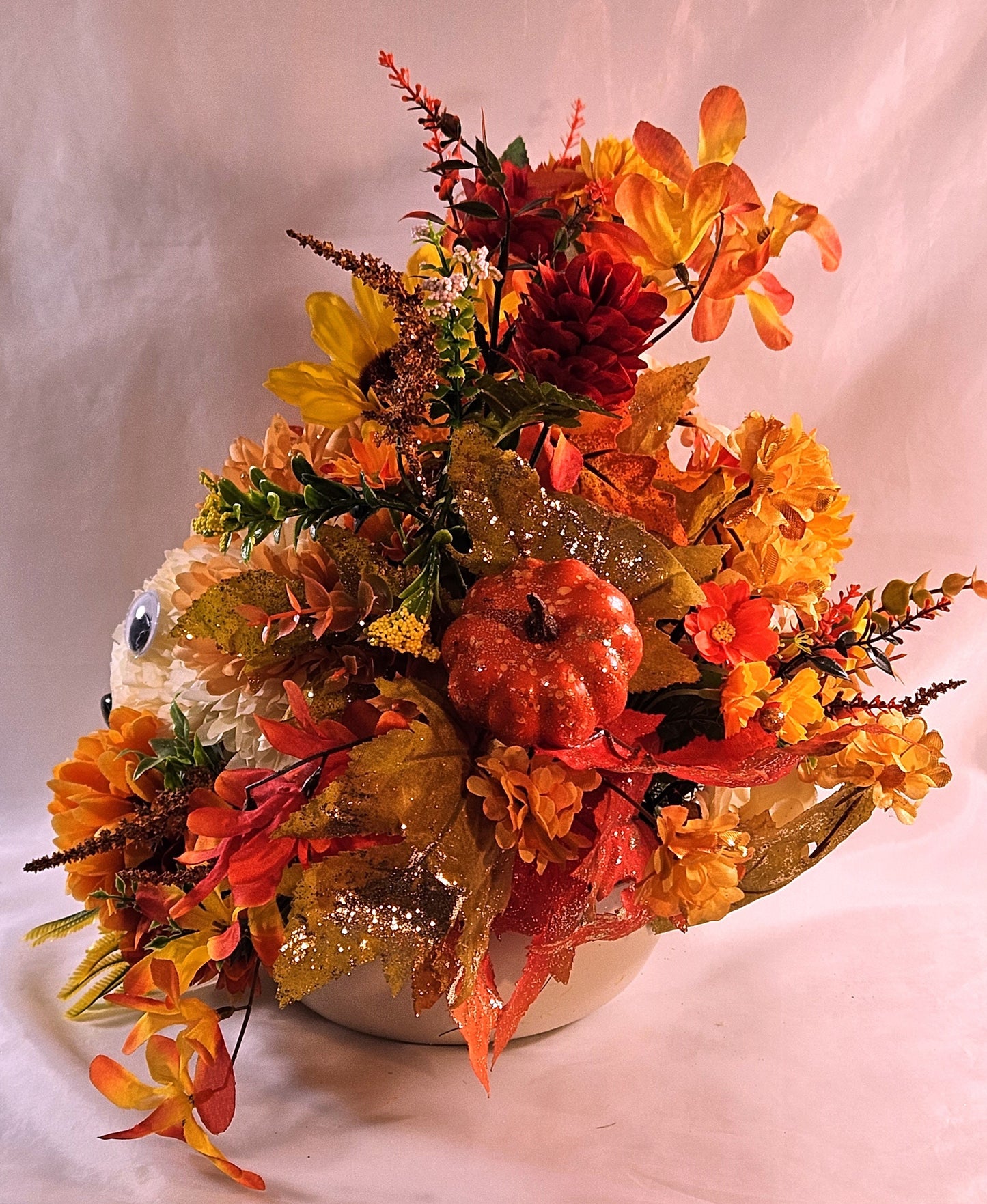Flower Arrangement Featuring Handmade Carnation and Mum Flower Floppy-Eared Dog with Pumpkins, Mums, Pinecones/other Fall Flowers