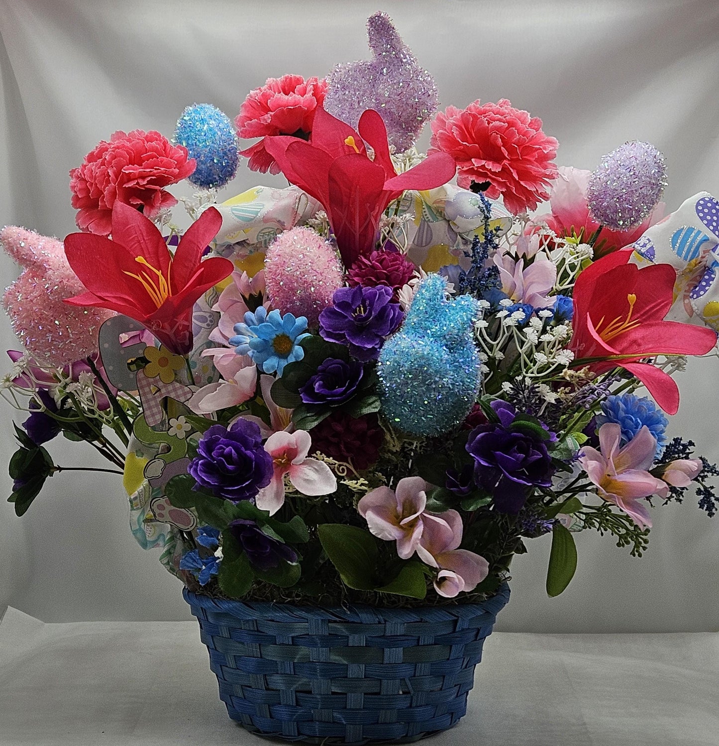 Elegant Lovely Easter Basket Adorned w/Glitter Bunnies, Eggs, Pretty Ribbon/Multi-Colored Lilies/Daisie/Other Spring Flowers/Easter Sign