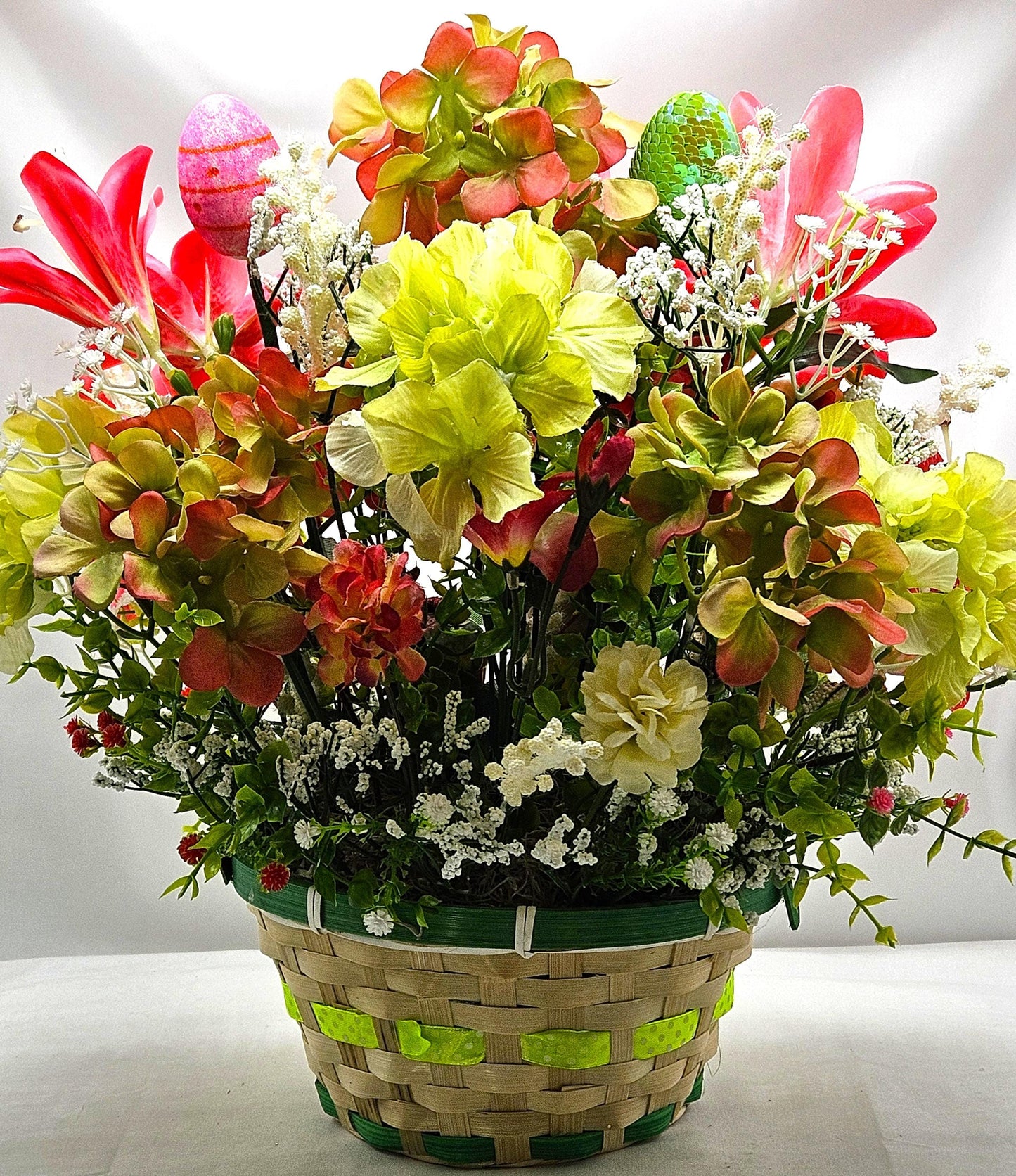Whimsical Easter Basket/Rabbit in Bike Carrying Goodies/Accented W/cute Ladybugs/Hot Pink Lilies/Other florals/pink/green/Greens/Baby Breath