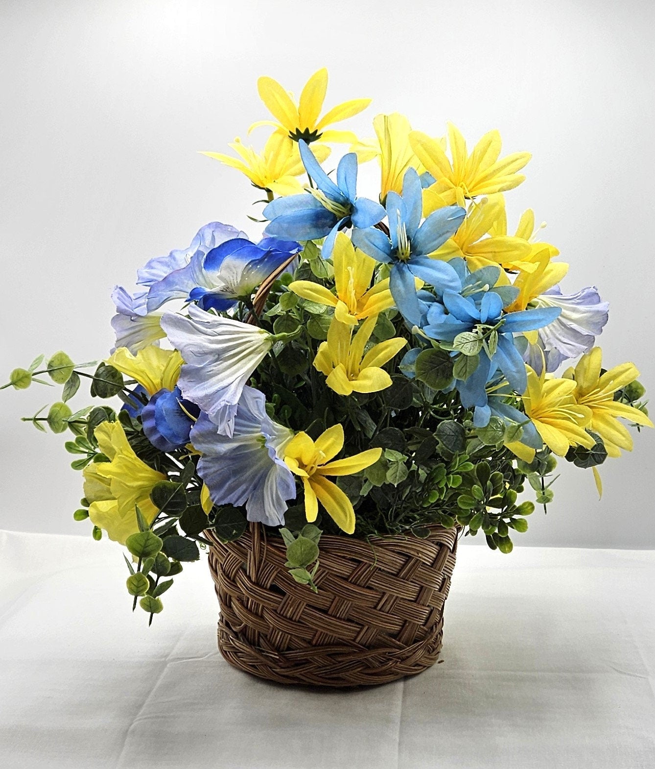 Blue Rabbit In Blue Handmade Spring Flowers Arrangement, Summer Flower Decor, Natural Wicker Basket, Glittery Flowers, Yellow Lilies decor