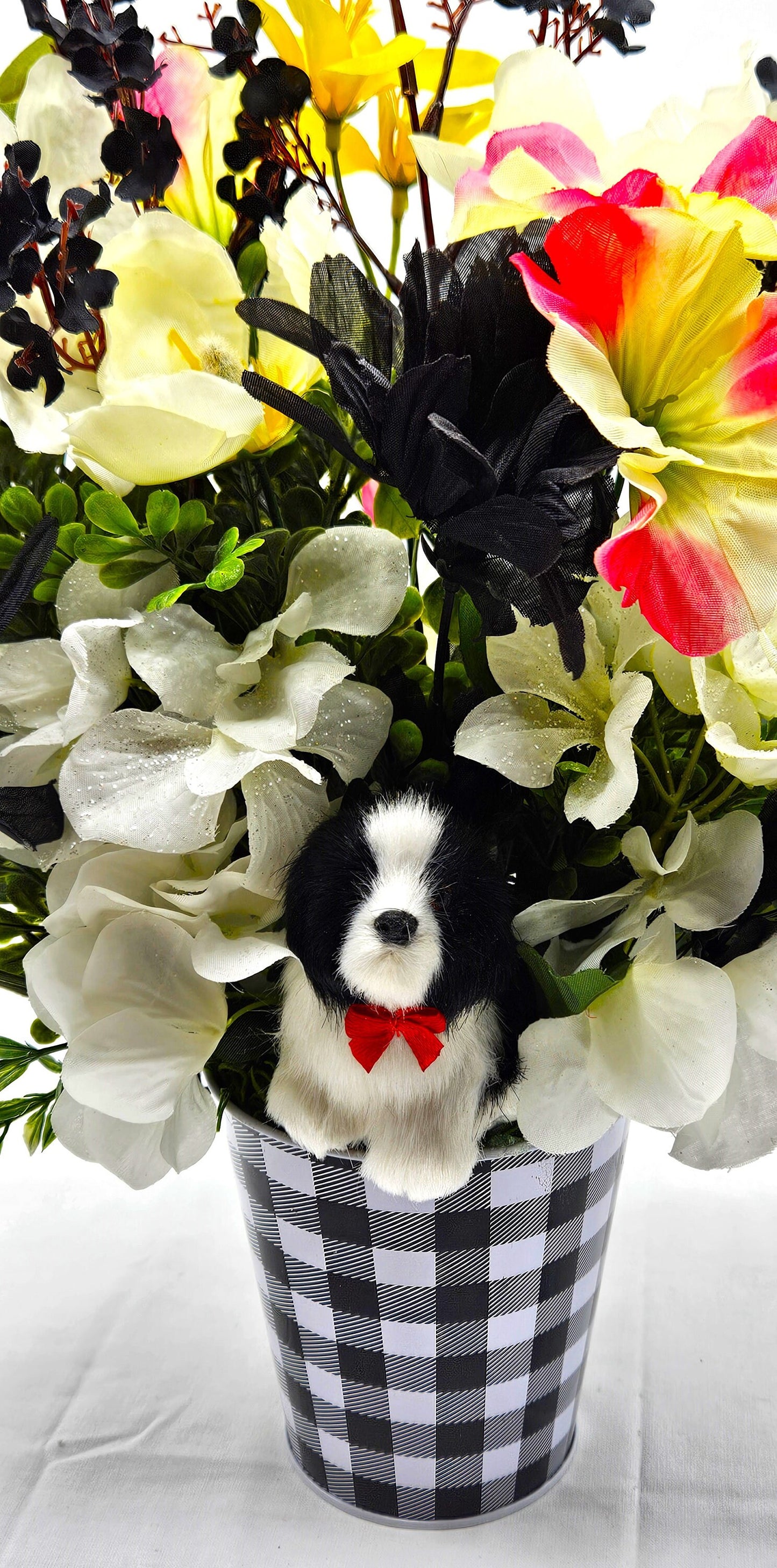 Unique Dog Enriched Black and White Floral Decor with Touch of Pink and Yellow in Black and White Checkered Pot