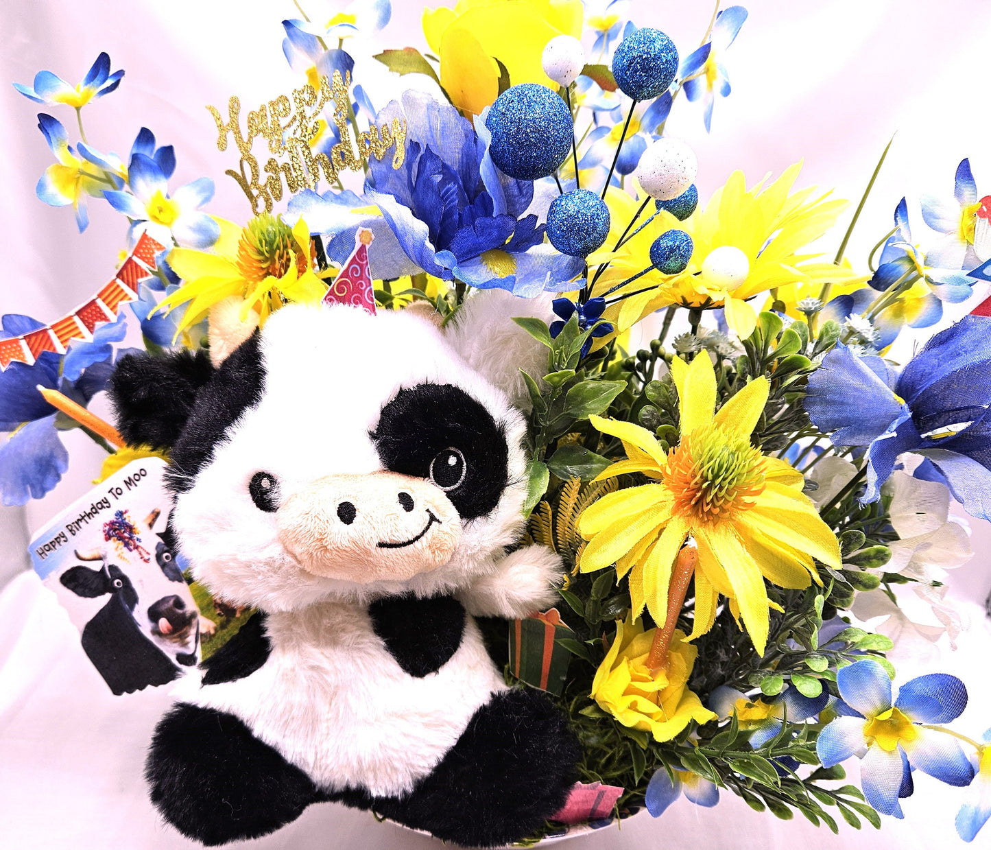 Happy Birthday to "Moo" Cow Lovers Flower Arrangement, Presents/Candles/Balloons/Birthday Sentiments, Blue/Yellow Flowers, Can Personalize