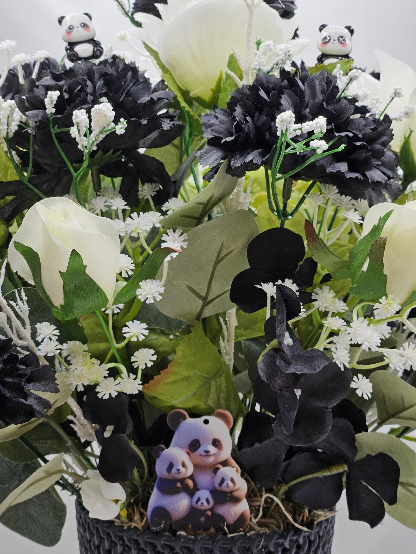 I Love Pandas Flower Arrangement/Black Flower Pot/White Roses/Black Carnations/Panda Bear Accents/Great Gift or Home Decor/Panda Bear Lover