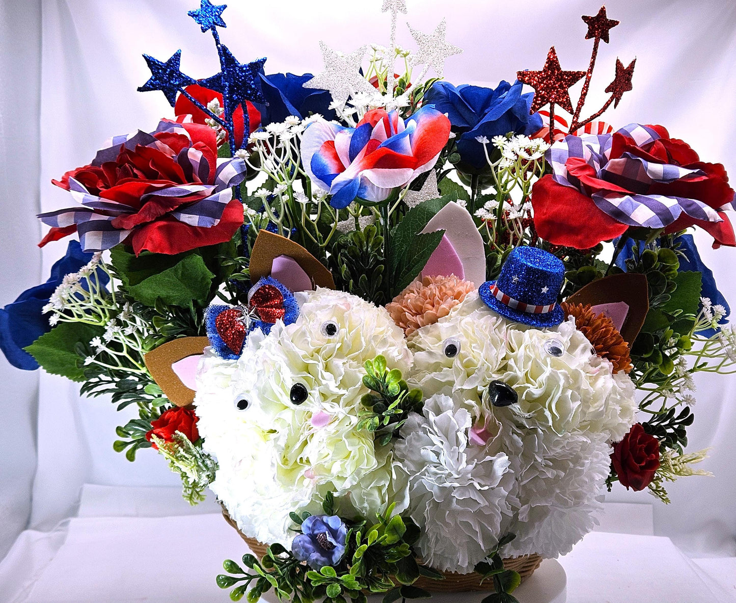 Patriotic Floral Garden Decor, Red White Blue Roses, Carnation Flower Dogs, Sparkly Stars Accents, God Bless America