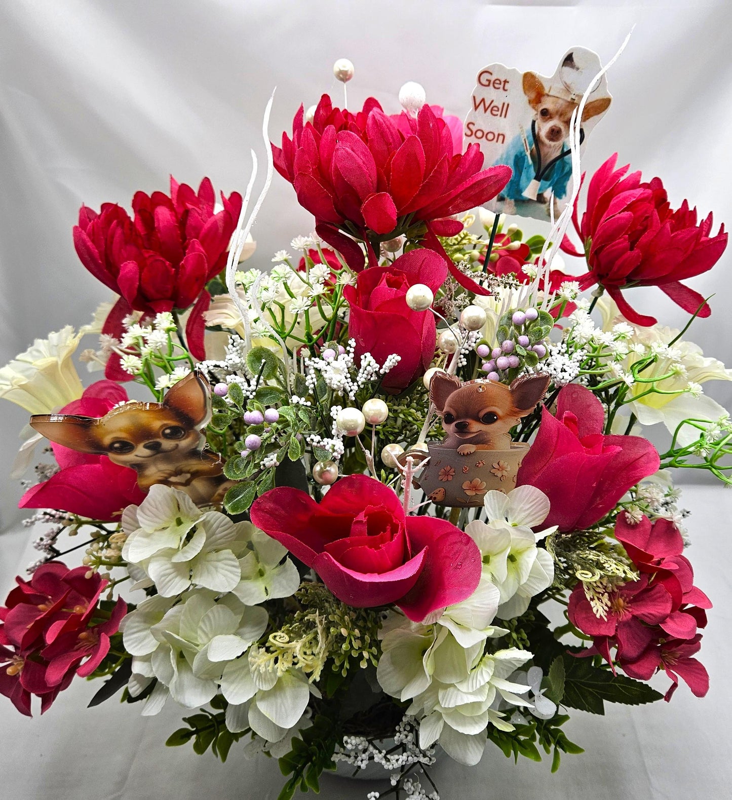 Get Well/Feel Better Floral Arrangeements Featuring Cheerful Chihuahua Pups Amidst a Red/White Flower Garden/Baby's Breath/Glitter Accents
