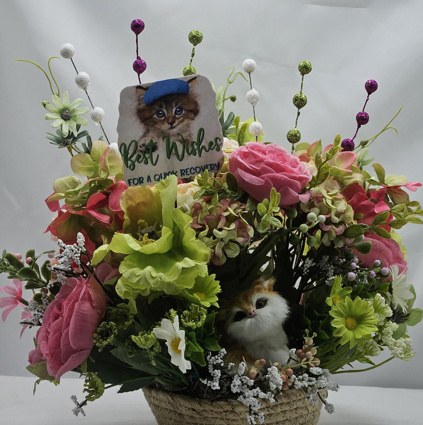 Get Well/Feel Better Floral Arrangements, 2 Options, Cute Fox Theme/Pink/Blue Florals Or Fluffy Cat Theme/Pink/Green Florals/Glitter/Signs