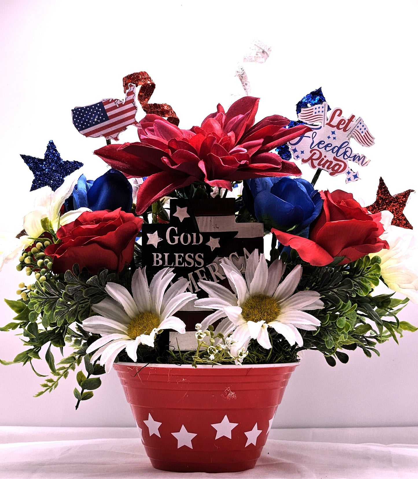 Patriotic Flower Arrangements, Red White Blue Flowers, God Bless America Sign, Celebrate America Decor