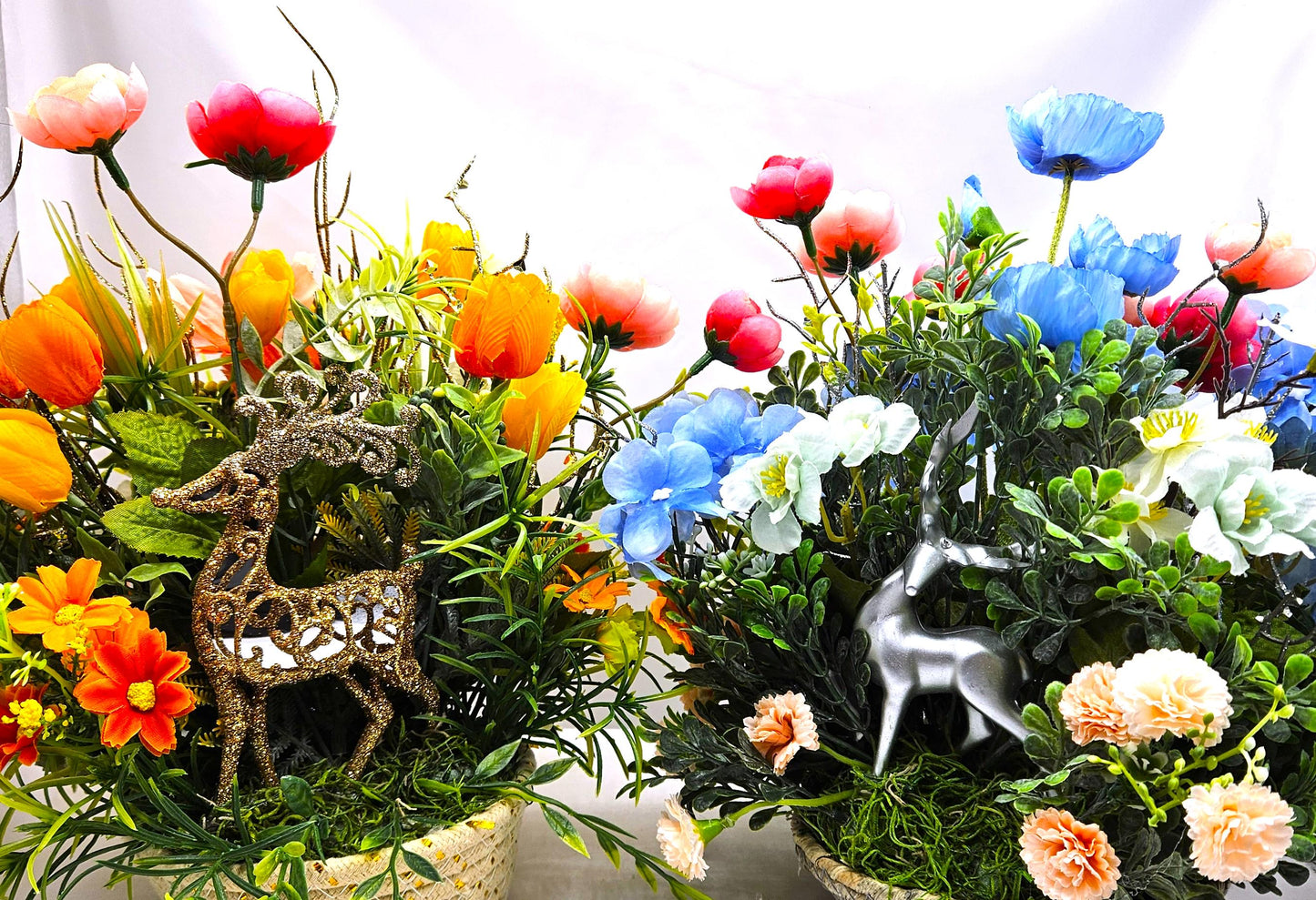 Floral Arrangement with Majestic Deer Amongst Blue/Pink or Orange/Peach Flowers, 2 Deer Options