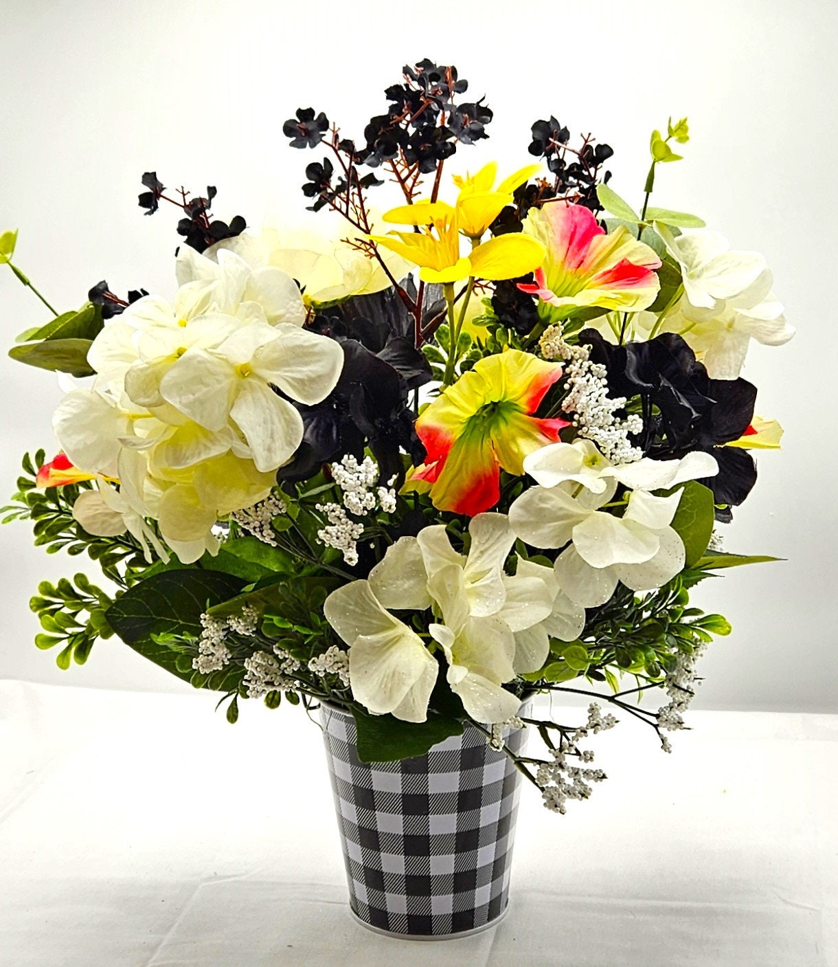Unique Dog Enriched Black and White Floral Decor with Touch of Pink and Yellow in Black and White Checkered Pot