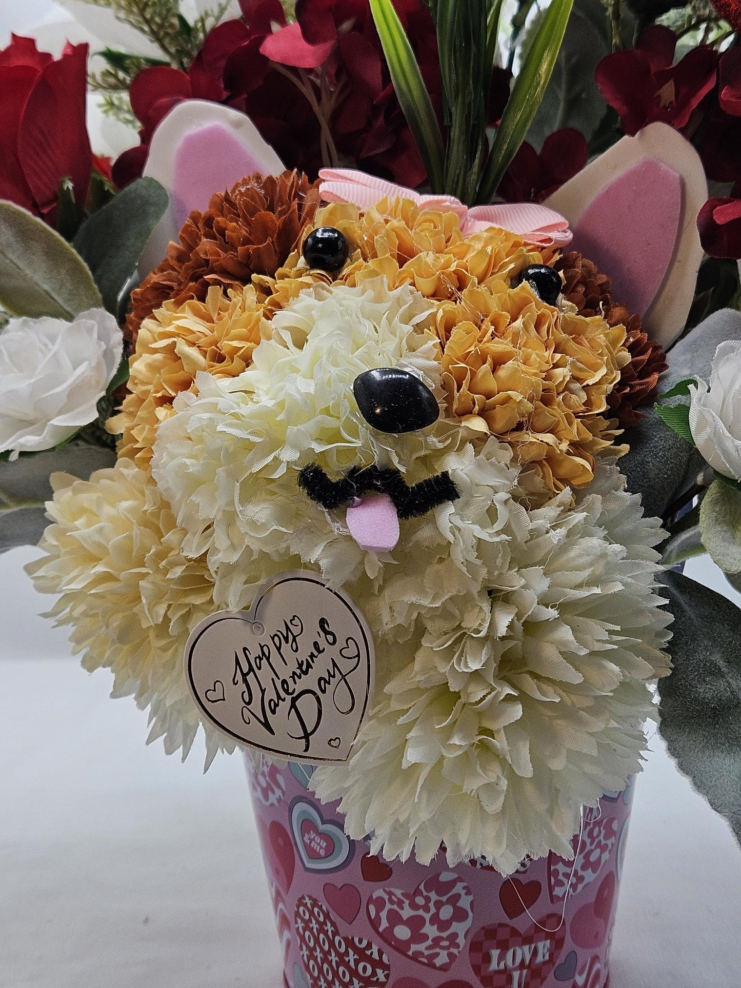 Handmade Carnation Mum Dog in Rose Garden, Red Roses, Greenery, Hearts, Romantic Gift, Dog Lover, Sweetheart