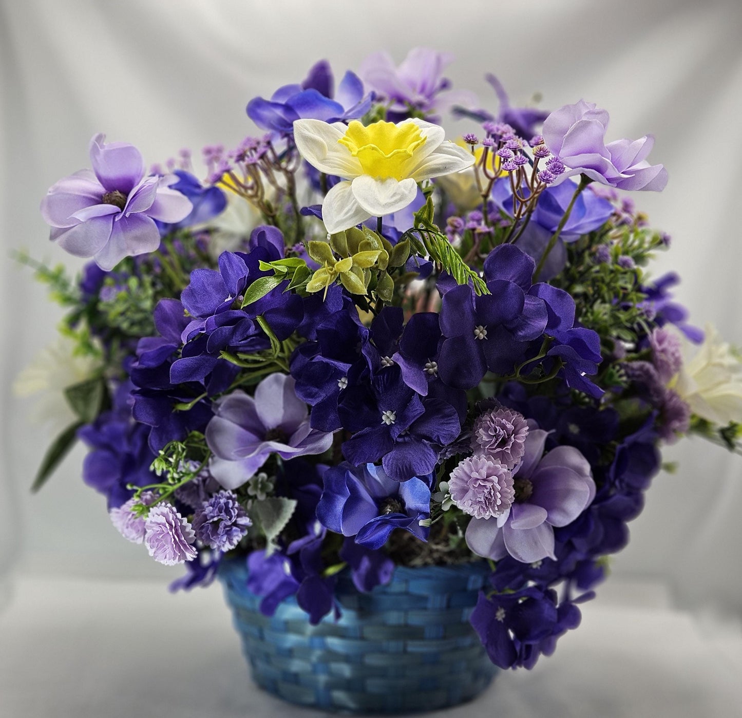Purple Floral Centerpiece w/cute Stuffed Animal in Front of Lovely purple and white flowers, Great for Housewarming/Birthday/Thinking of You
