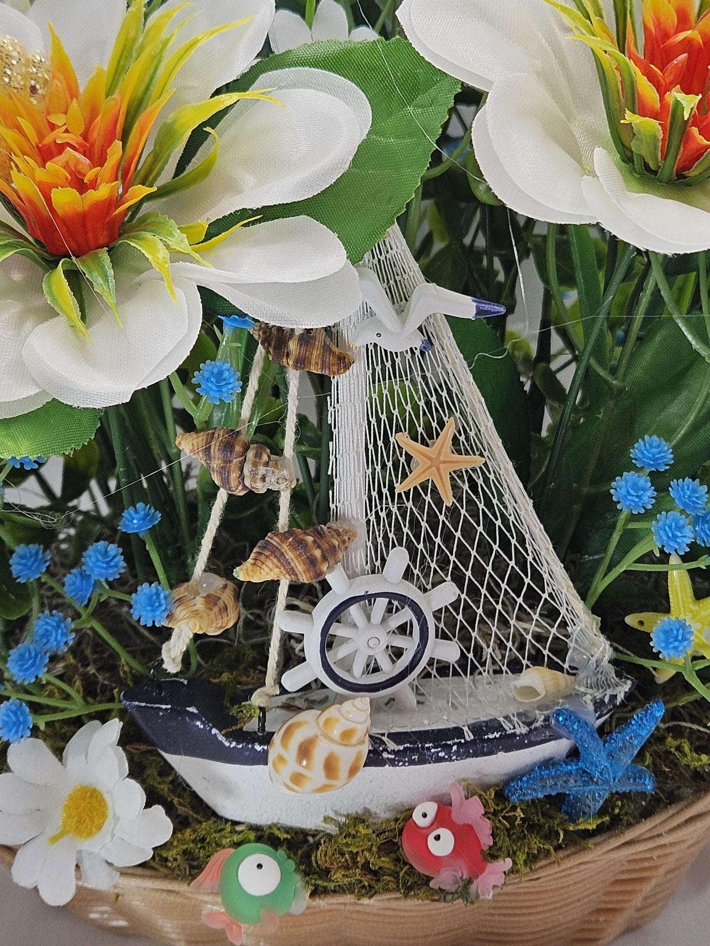 Love the Beach Tropical Floral Arrangement, Sea Shells, Turtle, Starfish, Lighthouse Decor, Blue & White Florals