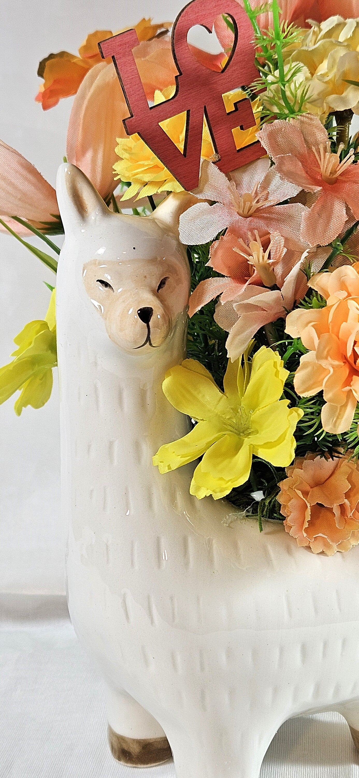 Love Ceramic Llama Arrangement: Peach/Yellow Blooms with Heartfelt Messages & Cute Bird, Perfect for Romantic Gift Occasions