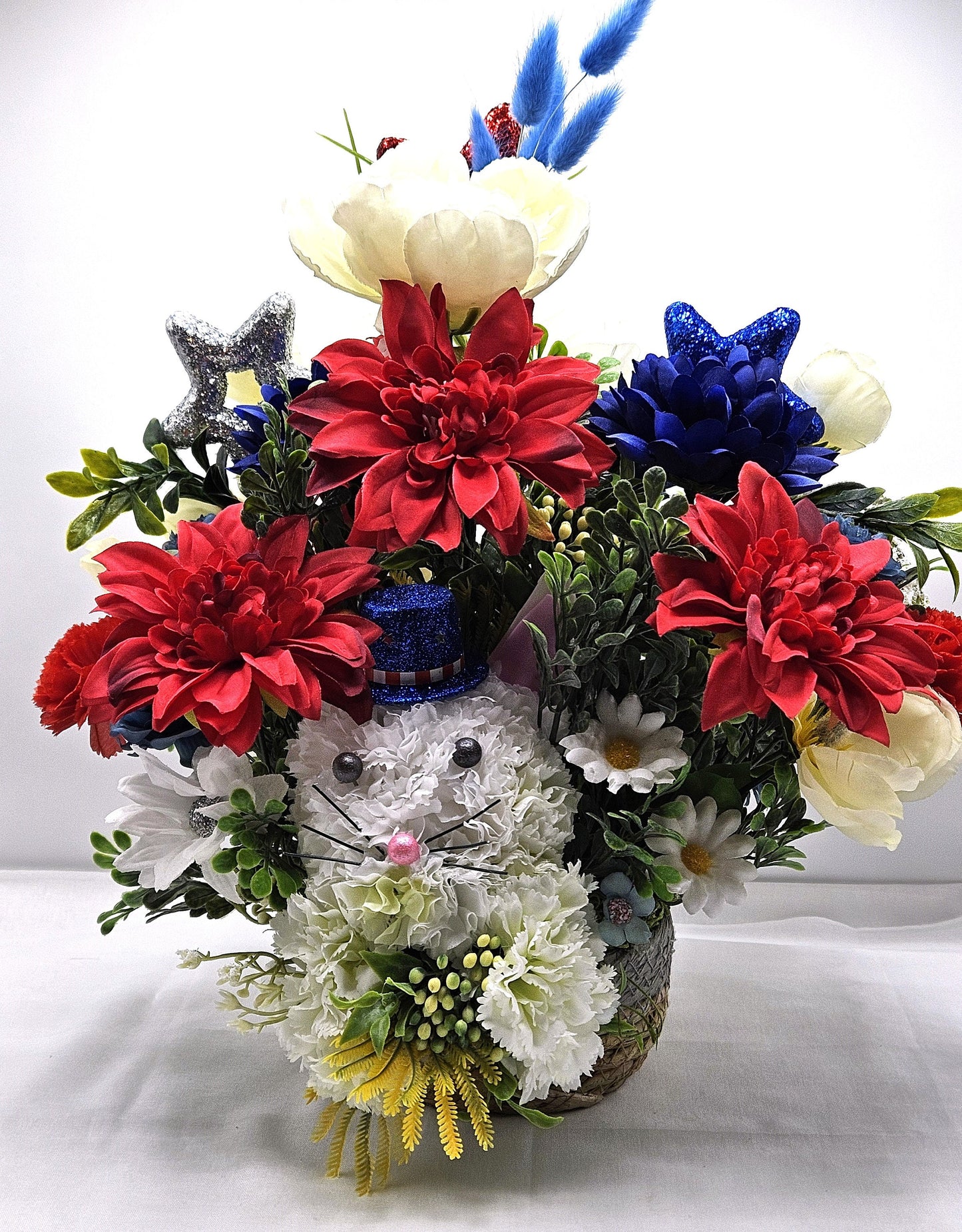 Floral Garden Cat Sculpture, White Carnation Cat, Gray Pearl Eyes, Pink Pearl Nose, American Tophat, Patriotic