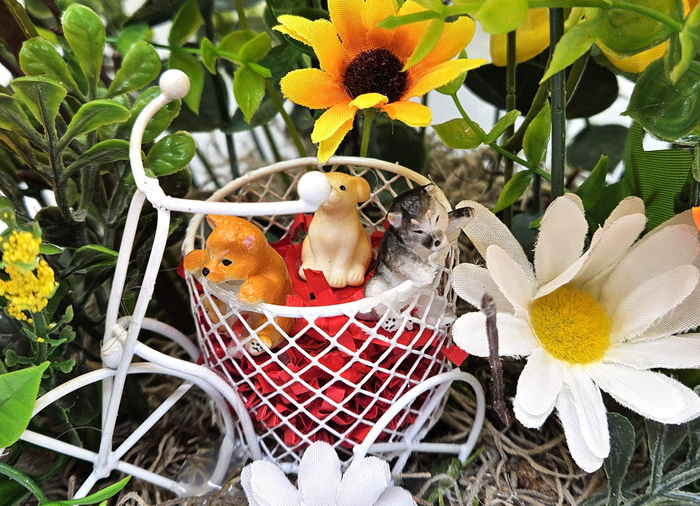 Dog Lovers' Bike Basket with Puppies, Sunflower Wildflower Delight, Whimsical Gift, Housewarming Present