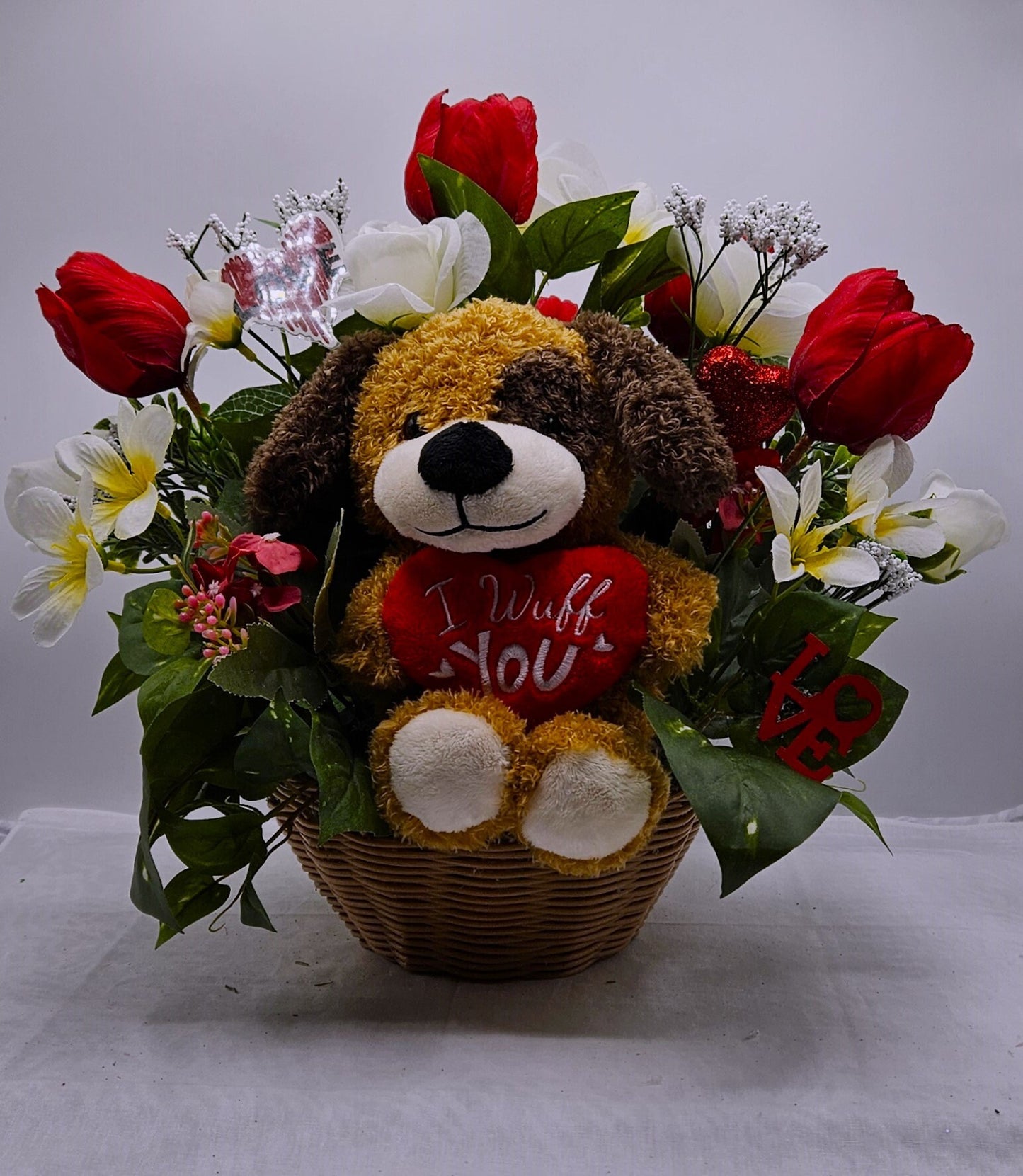 Romantic 'I Wuff You' Flower Arrangement, Red Tulips Bouquet, Cute Pup Floral Display, White Roses, Heart Accents