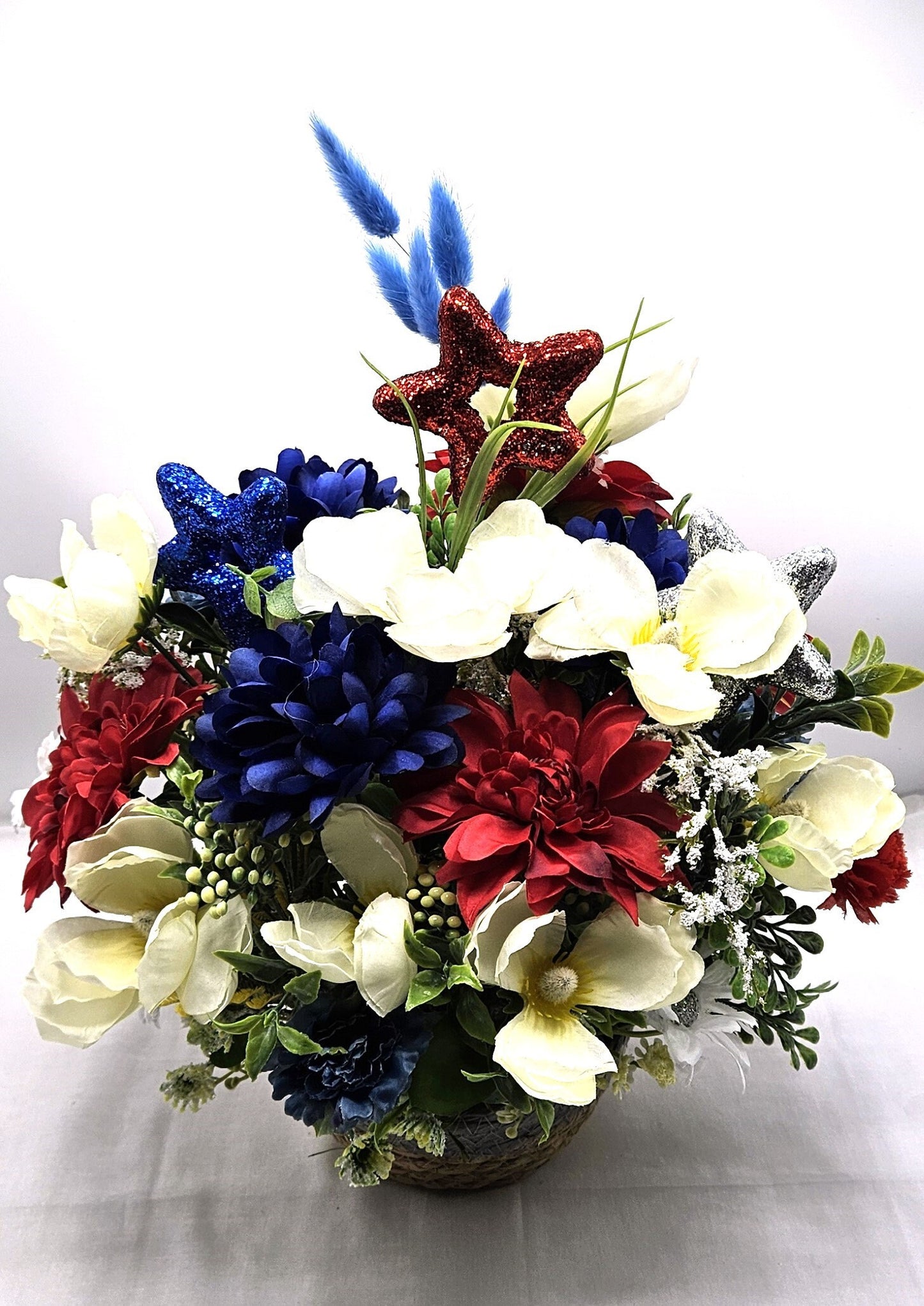 Handmade Carnation Flower Cat, White with Gray Pearl Eyes, Pink Pearl Nose, American Tophat in Red/White/Blue Floral Garden, Patriotic Pride