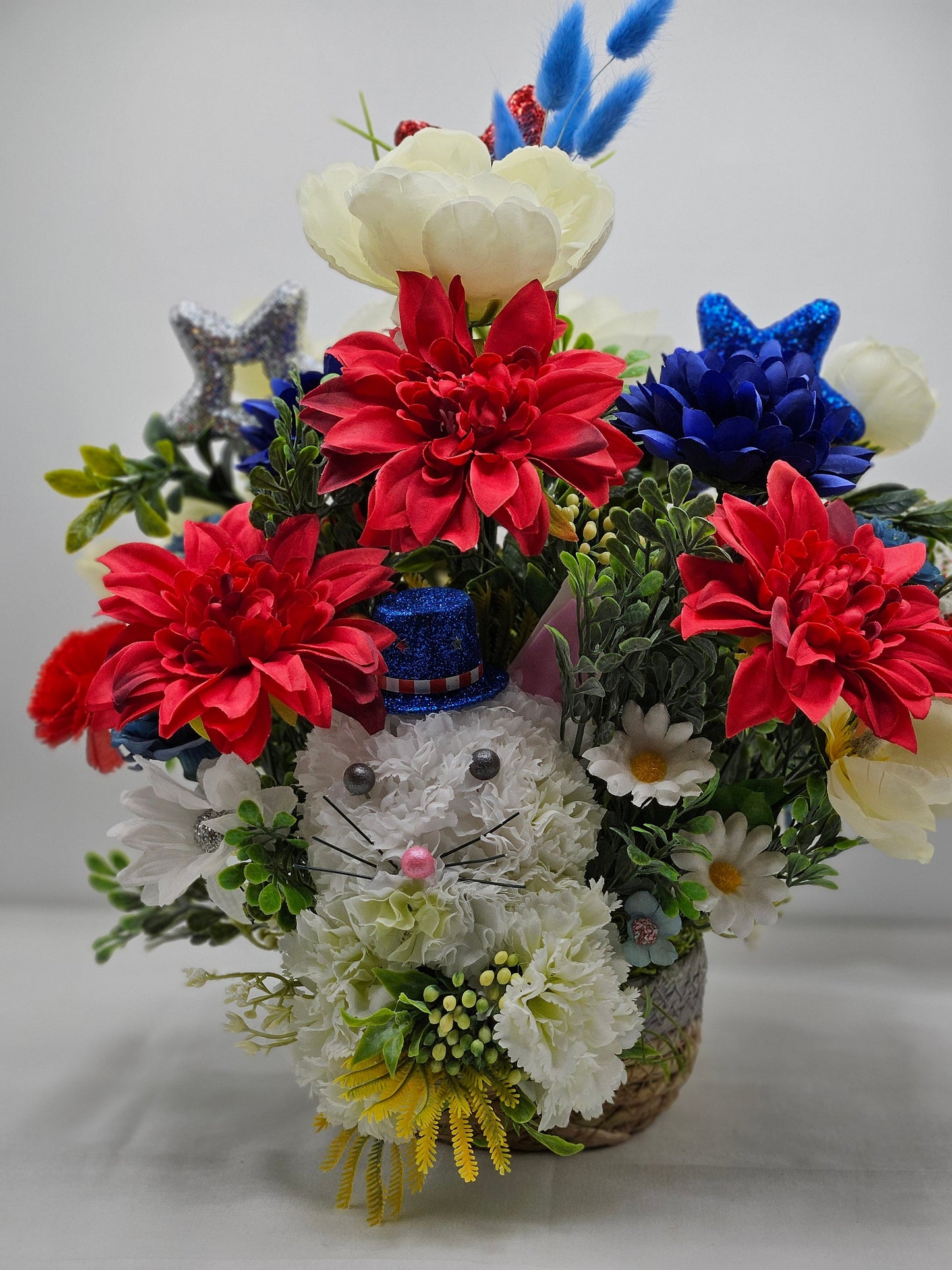 Floral Garden Cat Sculpture, White Carnation Cat, Gray Pearl Eyes, Pink Pearl Nose, American Tophat, Patriotic