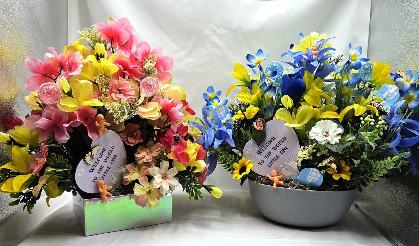 Welcome Baby Flower Arrangement, Boy or Girl Option, Baby Shower Gift/Welcome to the World, Little One, Blue/Yellow or Pink/Yellow