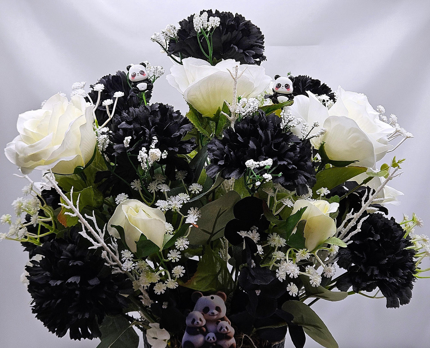 I Love Pandas Flower Arrangement/Black Flower Pot/White Roses/Black Carnations/Panda Bear Accents/Great Gift or Home Decor/Panda Bear Lover