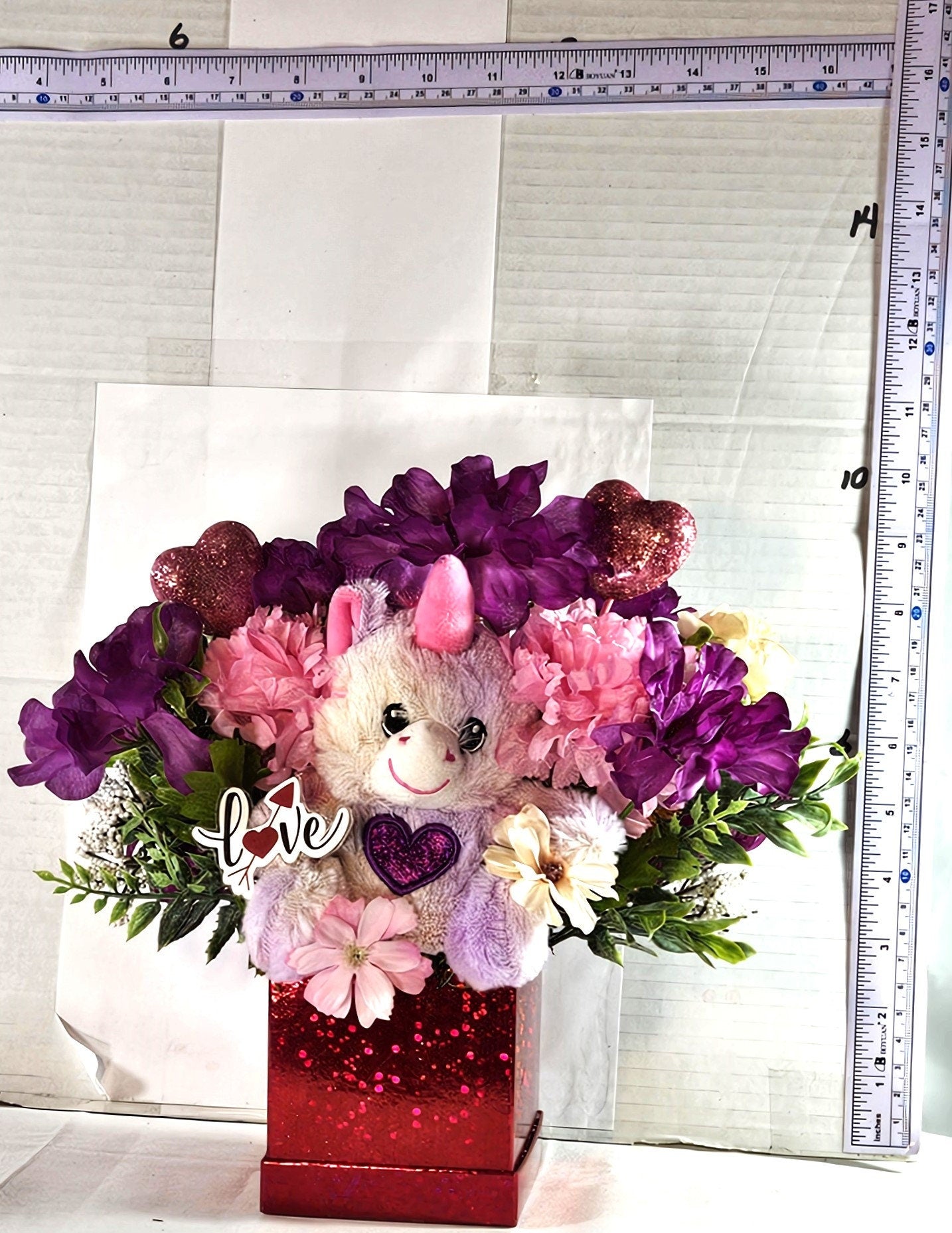 Romantic Unicorn Gift, Love Gift Unicorn Lover, Sweetheart Flowers with Unicorn in Red Gift Box