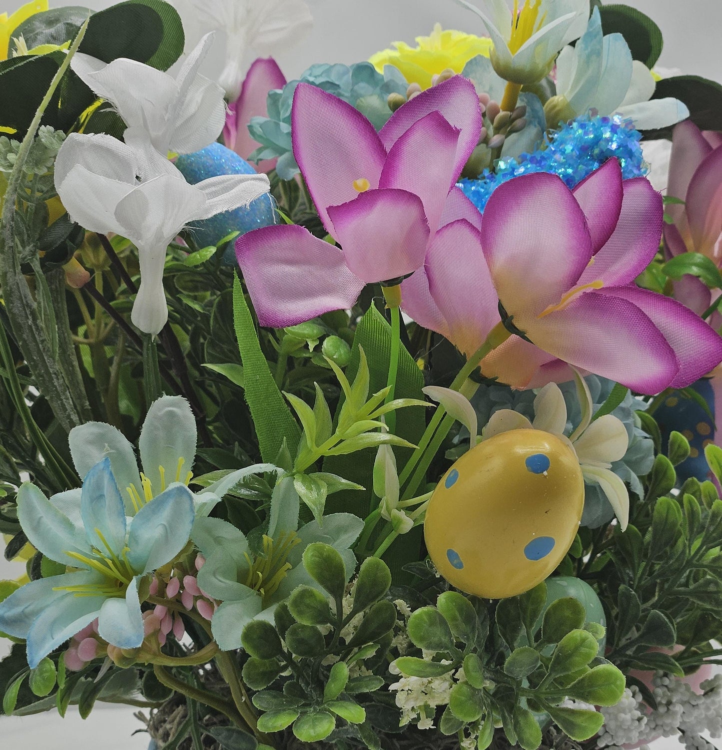 Easter Floral Set in Blue Easter Egg Shaped Dish, Geat for Gifting or Decor, Lilac/Blue/White Flowers/Greens, Glitter Chicks/Easter Accents