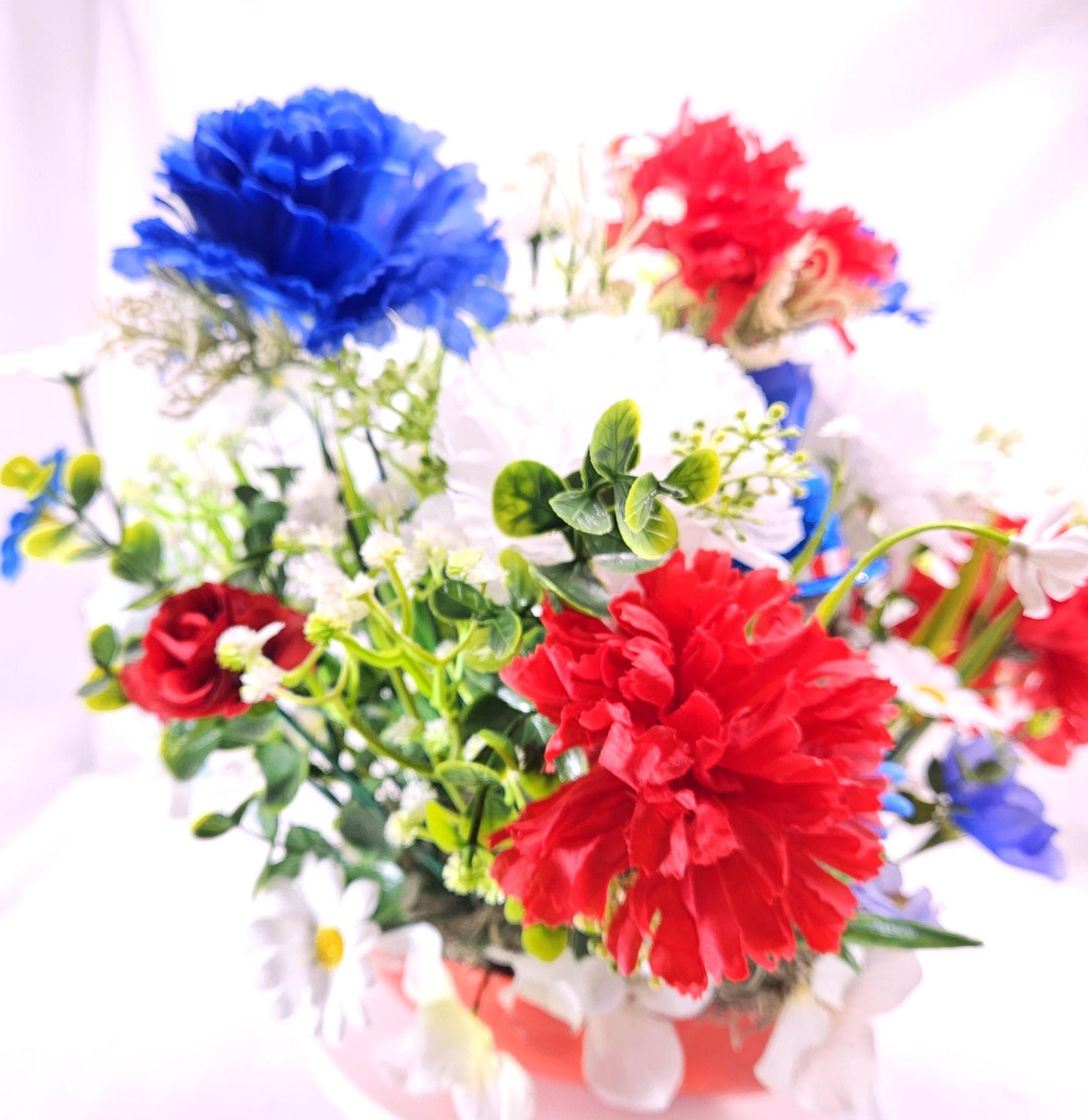 Patriotic Flower Arrangement, Heart-Shaped Dish, Red White Blue Flowers, Patriotic Decor, Celebrative Gift