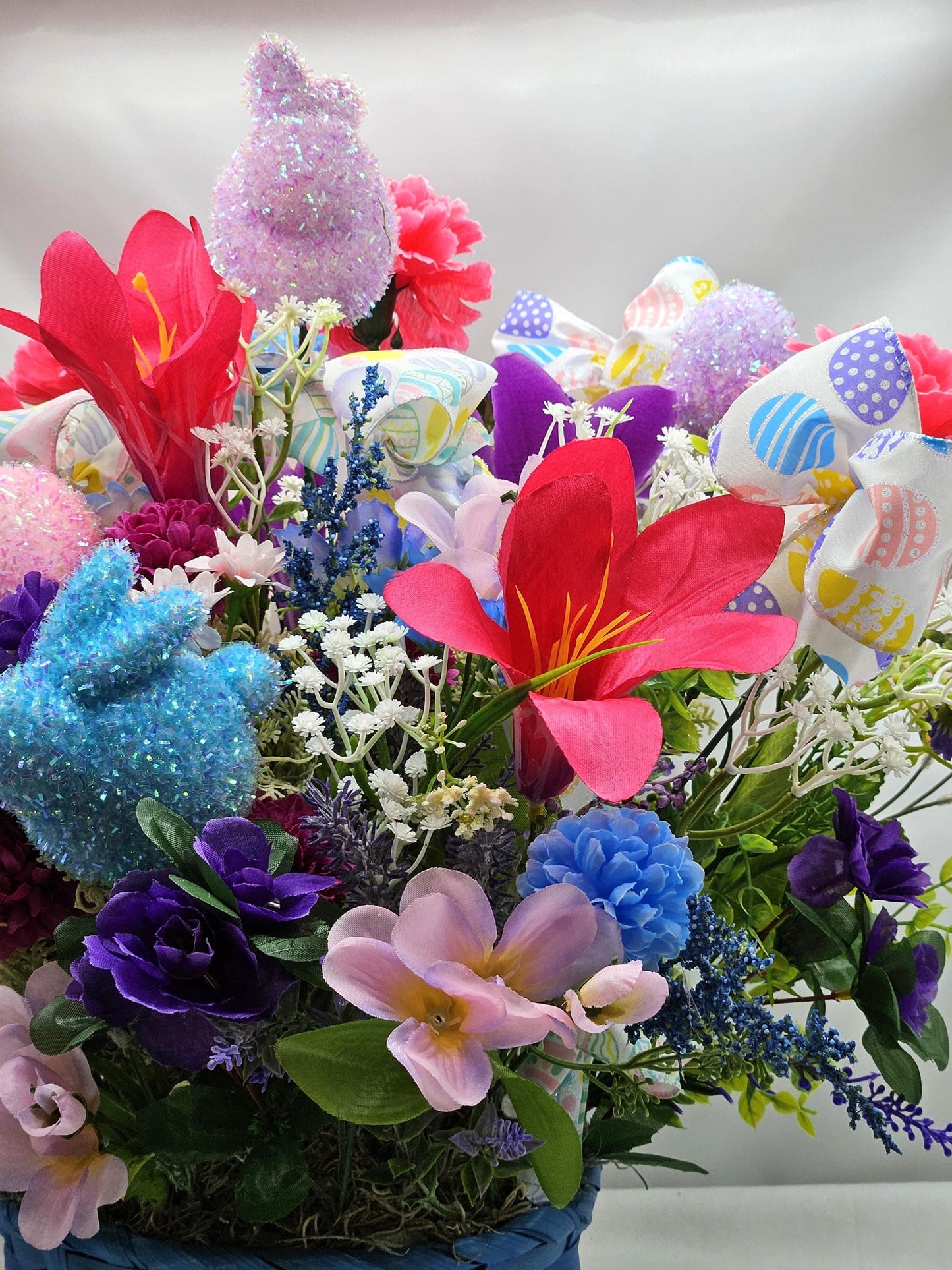 Elegant Lovely Easter Basket Adorned w/Glitter Bunnies, Eggs, Pretty Ribbon/Multi-Colored Lilies/Daisie/Other Spring Flowers/Easter Sign
