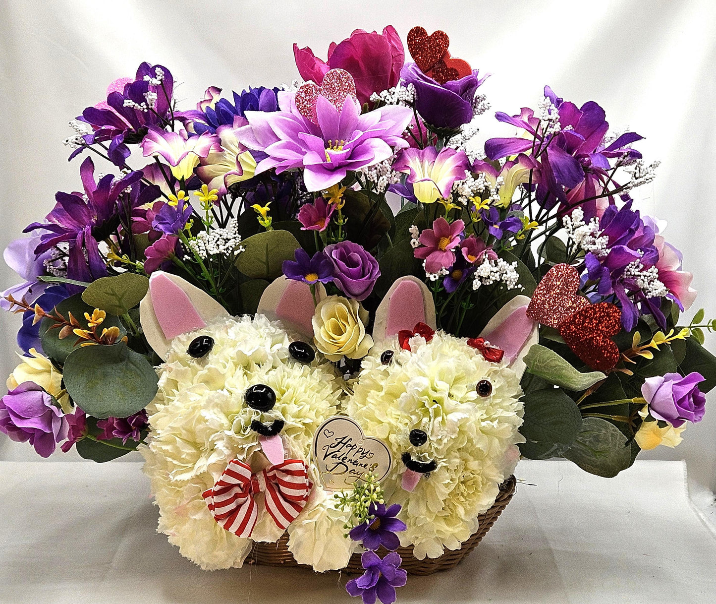 Handmade Carnation Dog Couple, Lilac Purple Pink Flowers, Greenery, Hearts, Valentine Sign, Sweetheart Gift