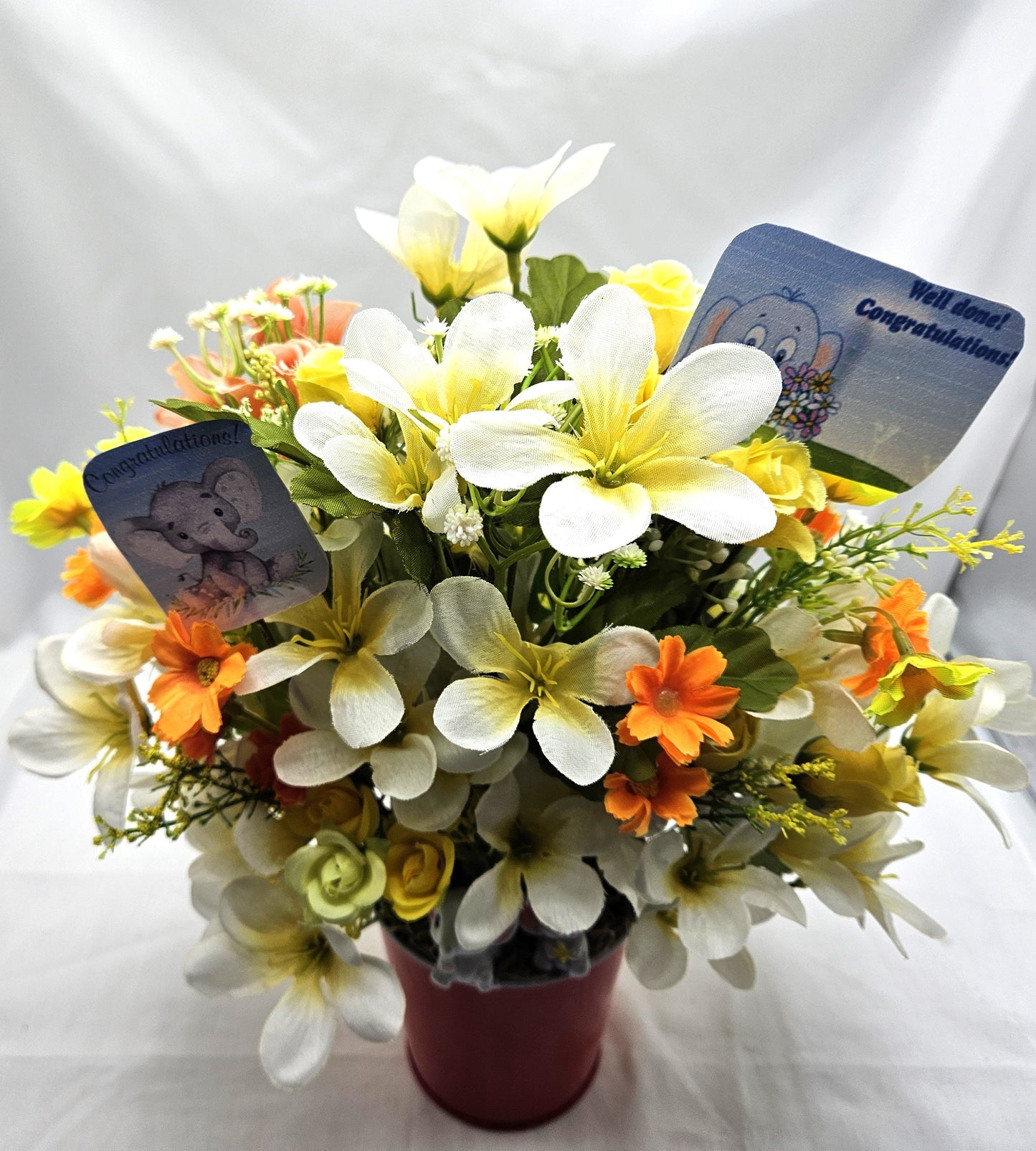 Congratulations Elephant Flower Arrangement - Yellow & White Flowers in Red Bucket, with Heartfelt Messages, Congratulations Gift