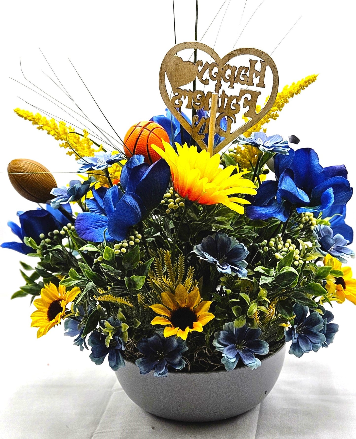 Father's Day Sports Themed Gift - Gray Dish with Wildflowers & Football/Soccer/Basketball - Unique Dad Gift Any Occasion