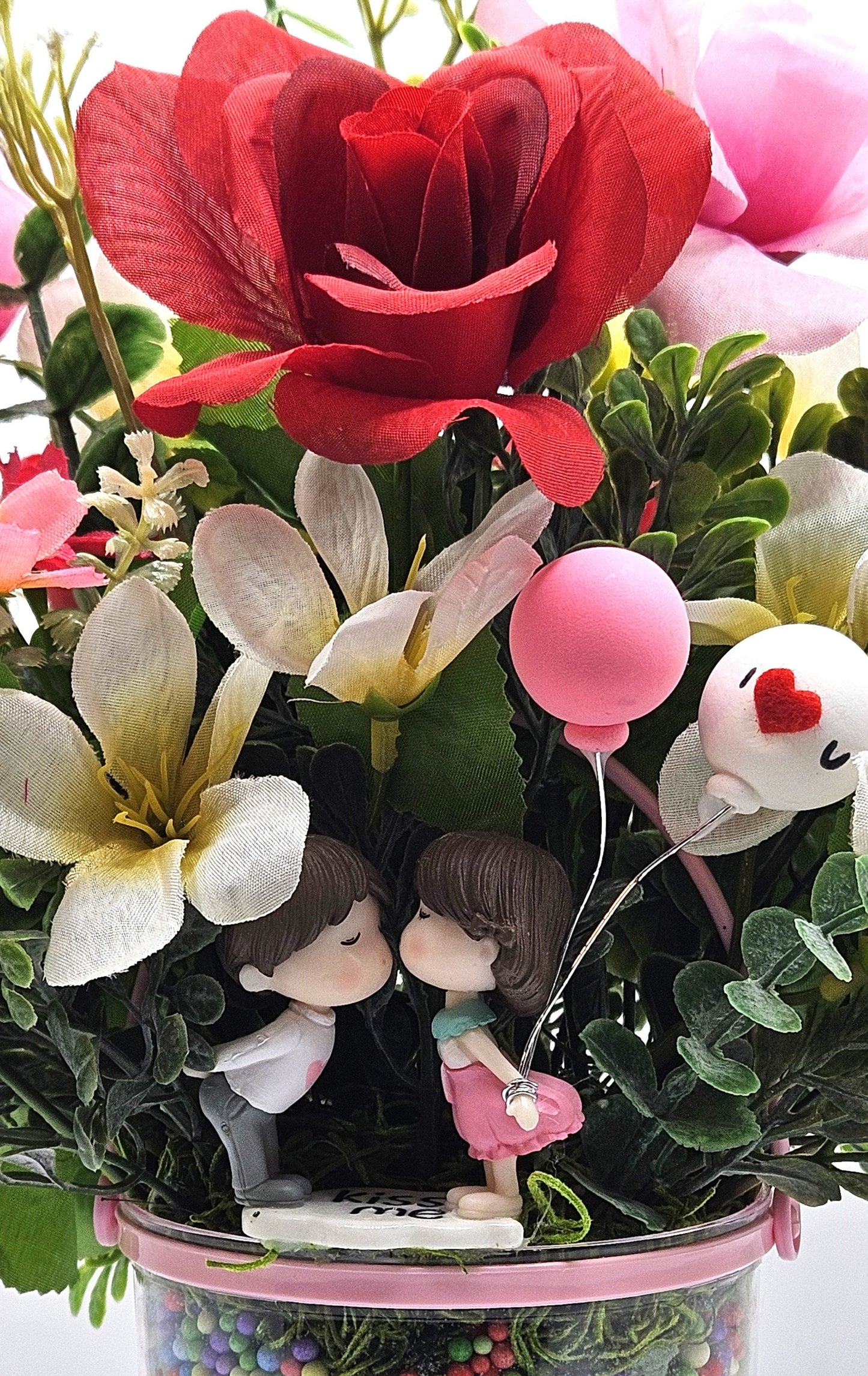Elegant Kissing Couple Romantic Flower Arrangement for a Touch of Romance, Red/Pink/White Flowers