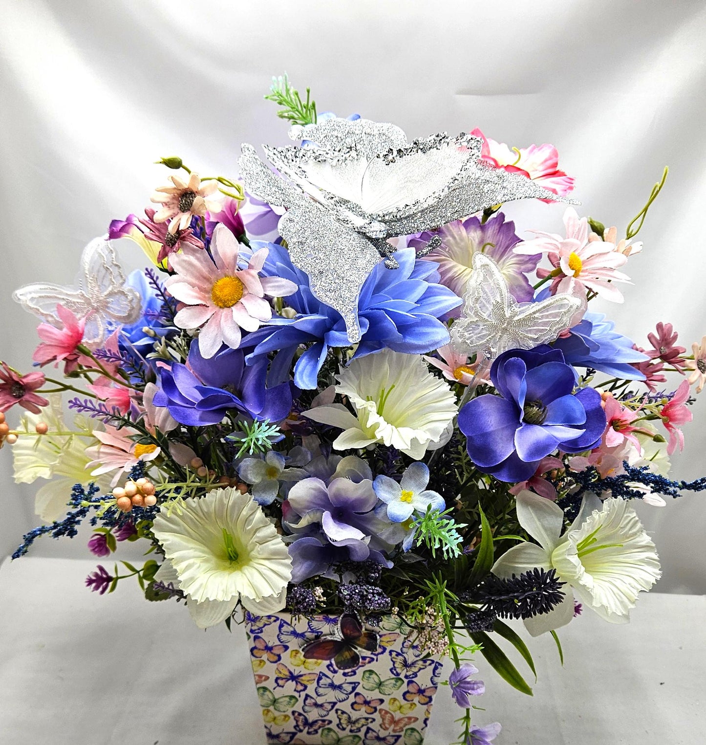 Butterflies and Flowers in a Decorated Box which Features Large Silver Butterfly and Smaller Accents, Butterfly Lover Gift, Butterfly Decor
