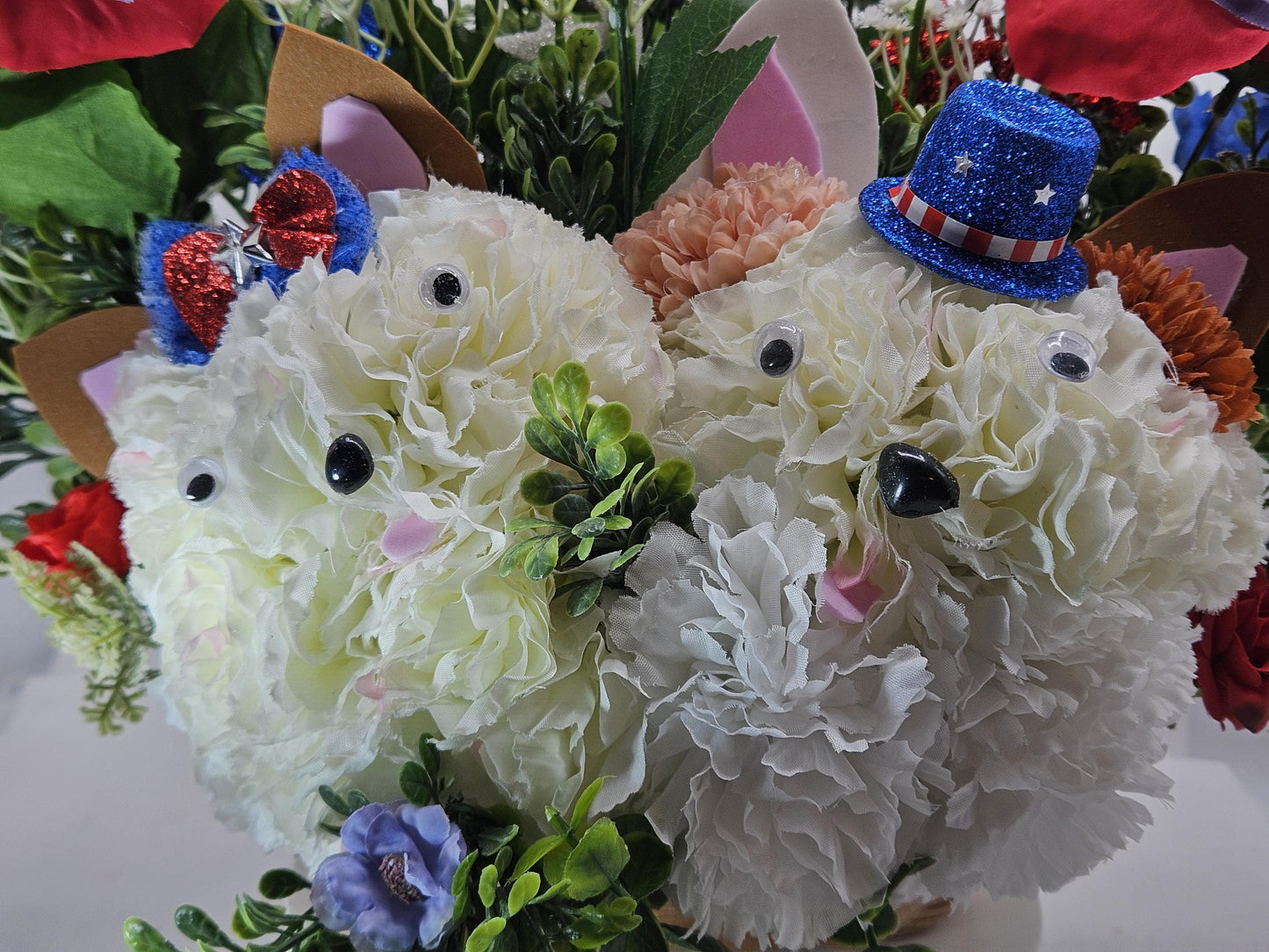 Patriotic Floral Garden Decor, Red White Blue Roses, Carnation Flower Dogs, Sparkly Stars Accents, God Bless America