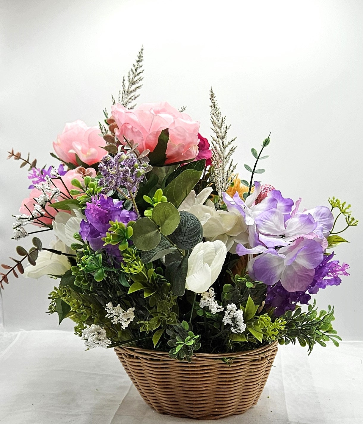 Romantic Lion Love - Cute Lion Romantic Flower Arrangement with Pink and Lilac Flowers, Glittery Hearts, and Cheery Stuffed Lion