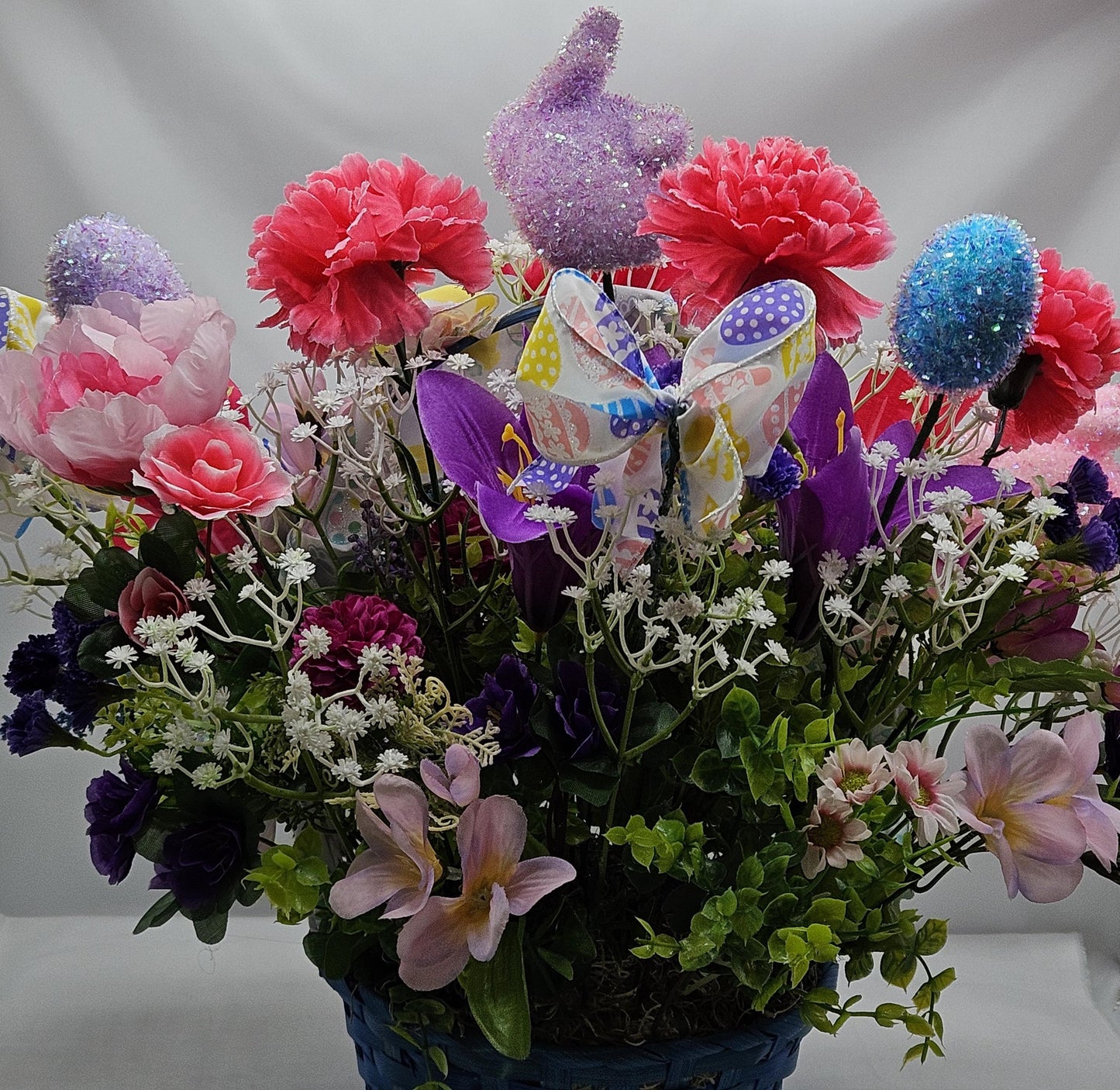 Elegant Lovely Easter Basket Adorned w/Glitter Bunnies, Eggs, Pretty Ribbon/Multi-Colored Lilies/Daisie/Other Spring Flowers/Easter Sign