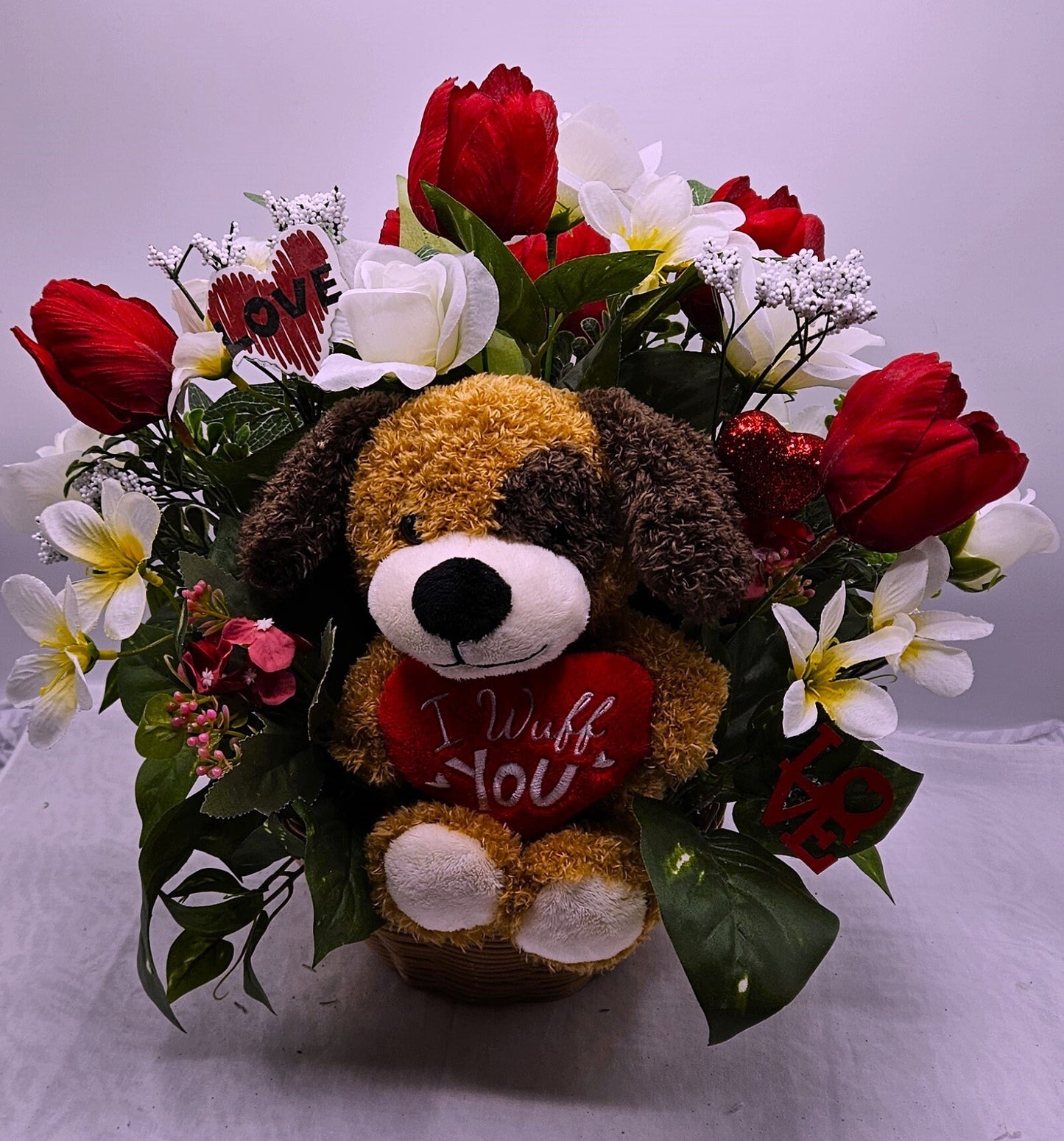 Romantic 'I Wuff You' Flower Arrangement, Red Tulips Bouquet, Cute Pup Floral Display, White Roses, Heart Accents