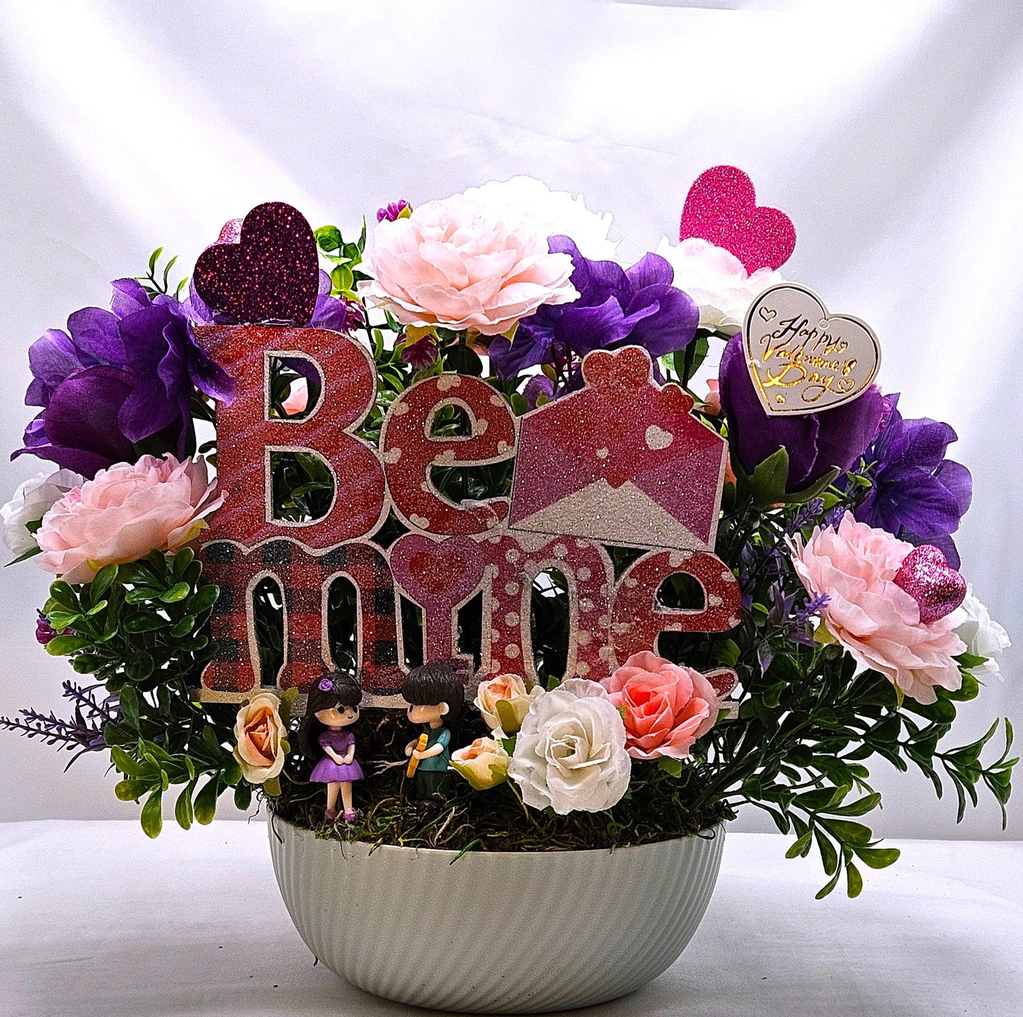Romantic Bee Mine Card, Valentine Day Greeting, Pink Purple Greenery Scene, Couple in Love, Heart Flowers