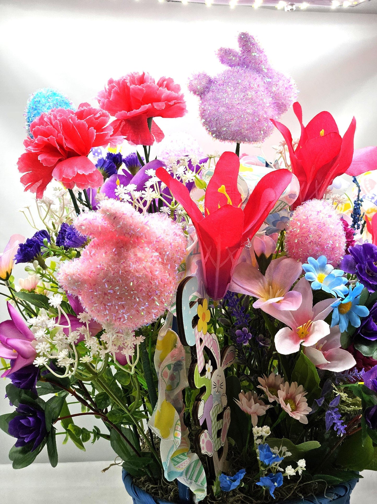Elegant Lovely Easter Basket Adorned w/Glitter Bunnies, Eggs, Pretty Ribbon/Multi-Colored Lilies/Daisie/Other Spring Flowers/Easter Sign