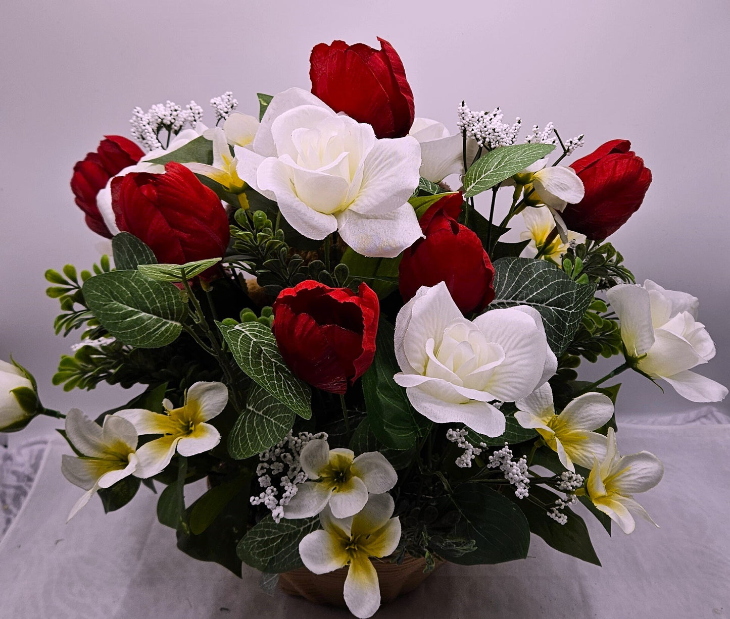 Romantic 'I Wuff You' Flower Arrangement, Red Tulips Bouquet, Cute Pup Floral Display, White Roses, Heart Accents