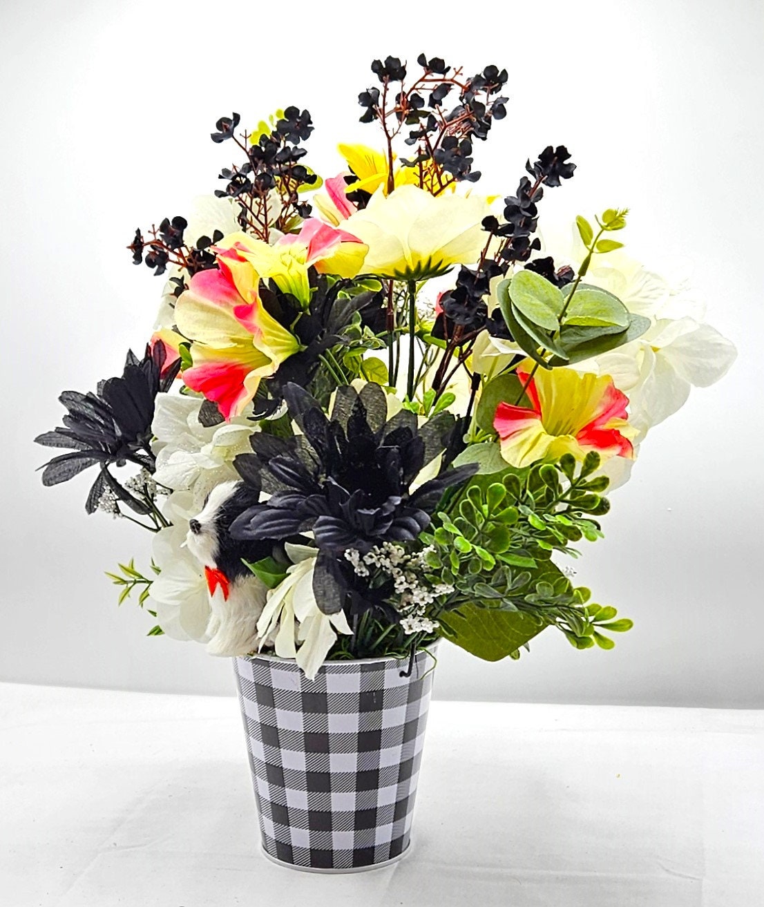 Unique Dog Enriched Black and White Floral Decor with Touch of Pink and Yellow in Black and White Checkered Pot