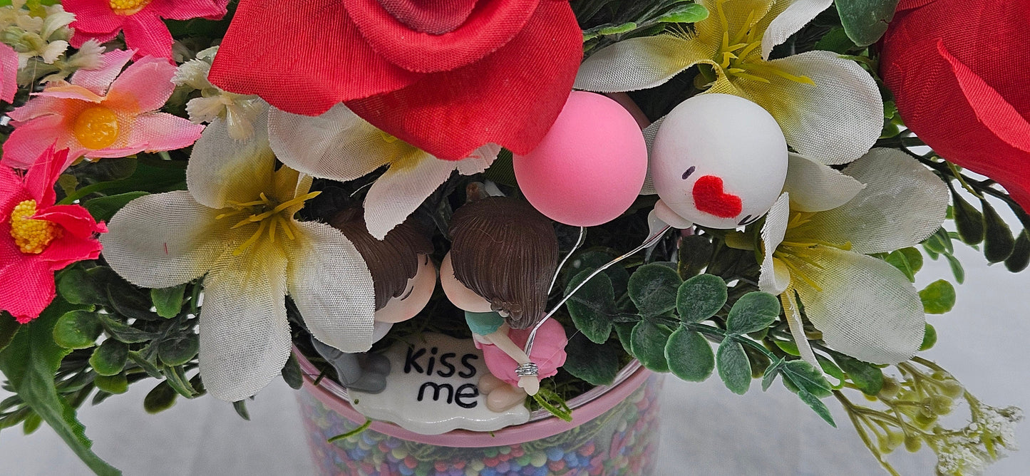 Elegant Kissing Couple Romantic Flower Arrangement for a Touch of Romance, Red/Pink/White Flowers
