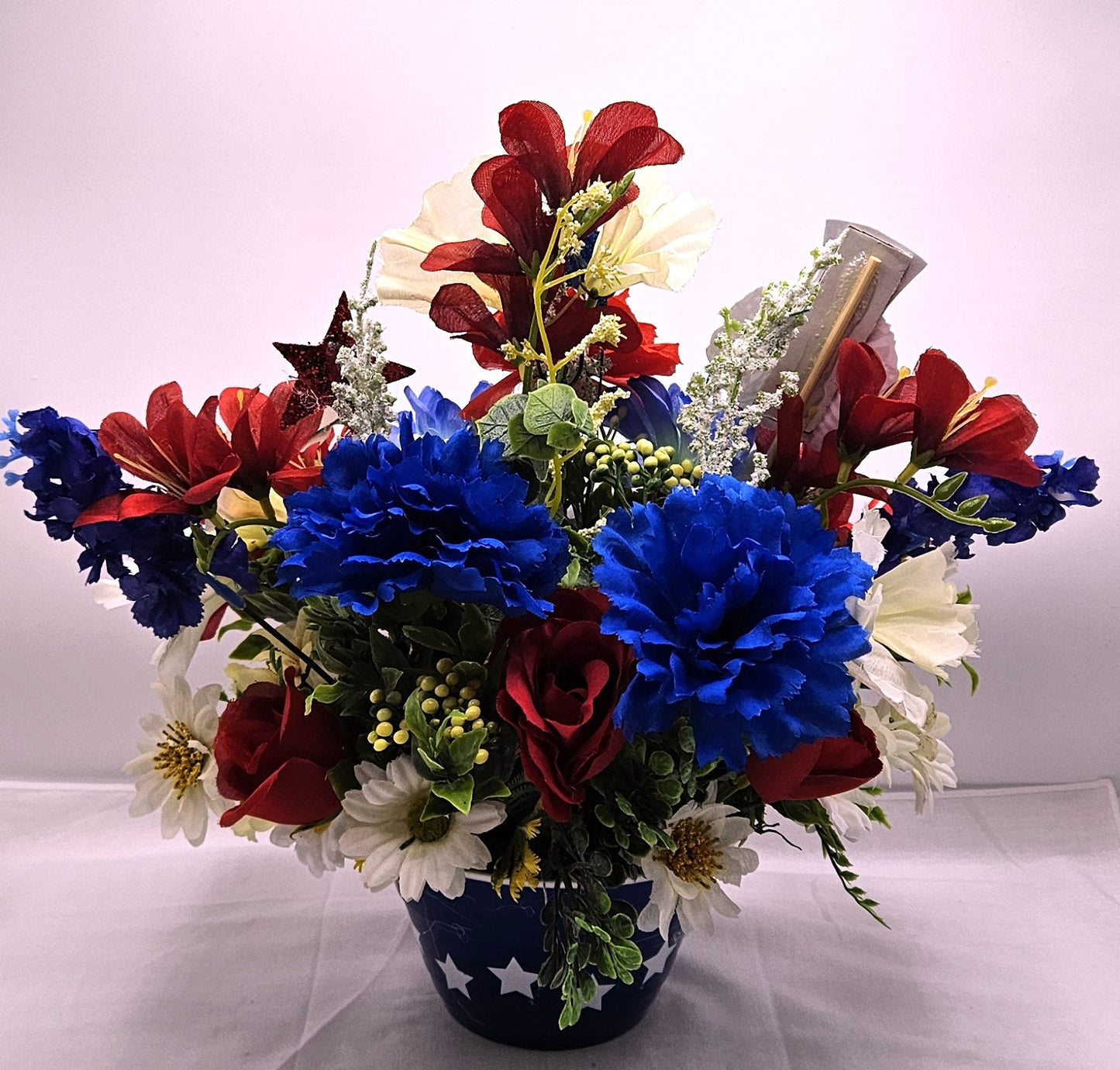 Patriotic Flower Arrangements, Red White Blue Flowers, God Bless America Sign, Celebrate America Decor