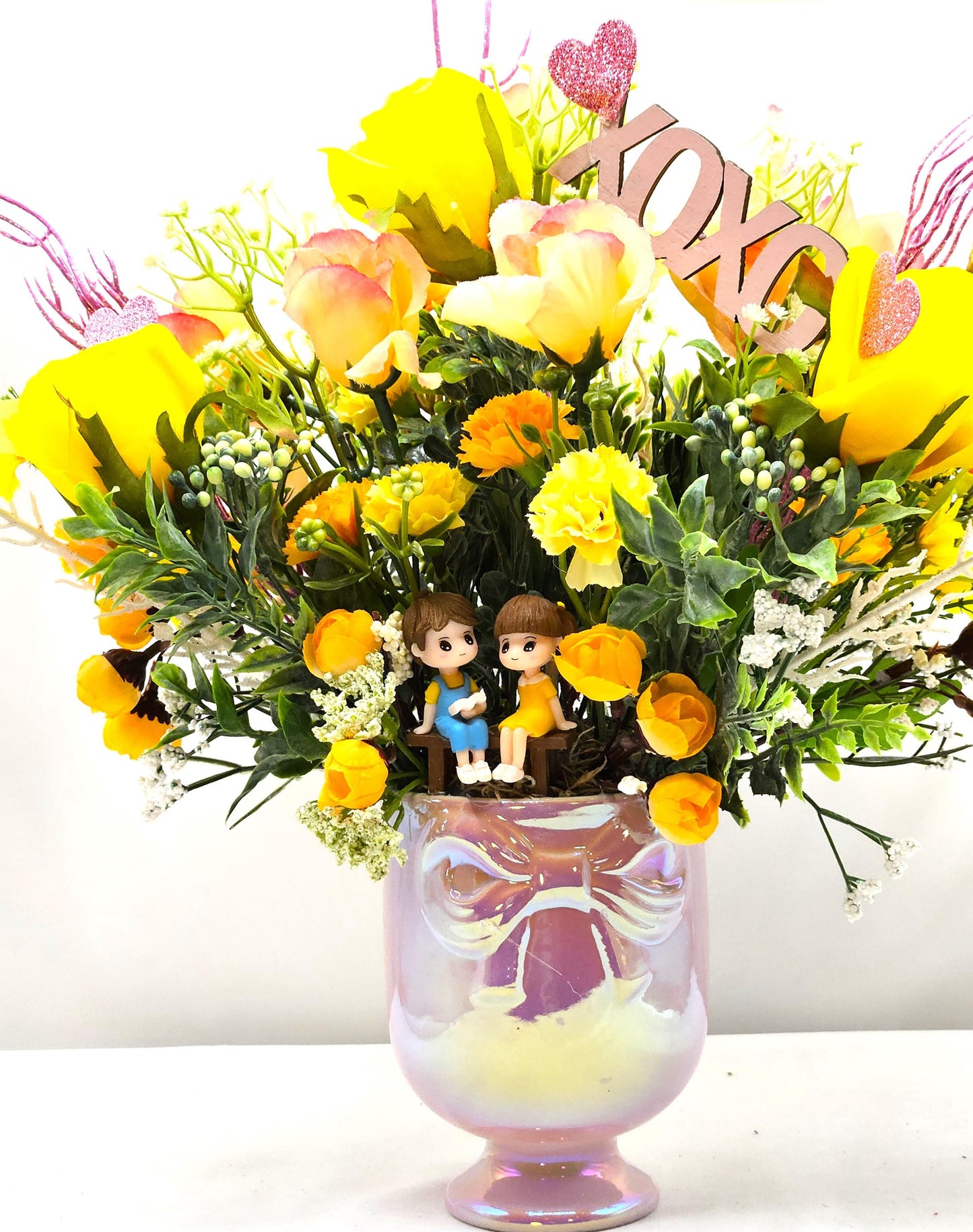 Loving, Heartwarming Love Flower Arrangements in a Footed Ceramic with Sweetheart Couples, 2 Choices, With Hearts/Love Sentiments