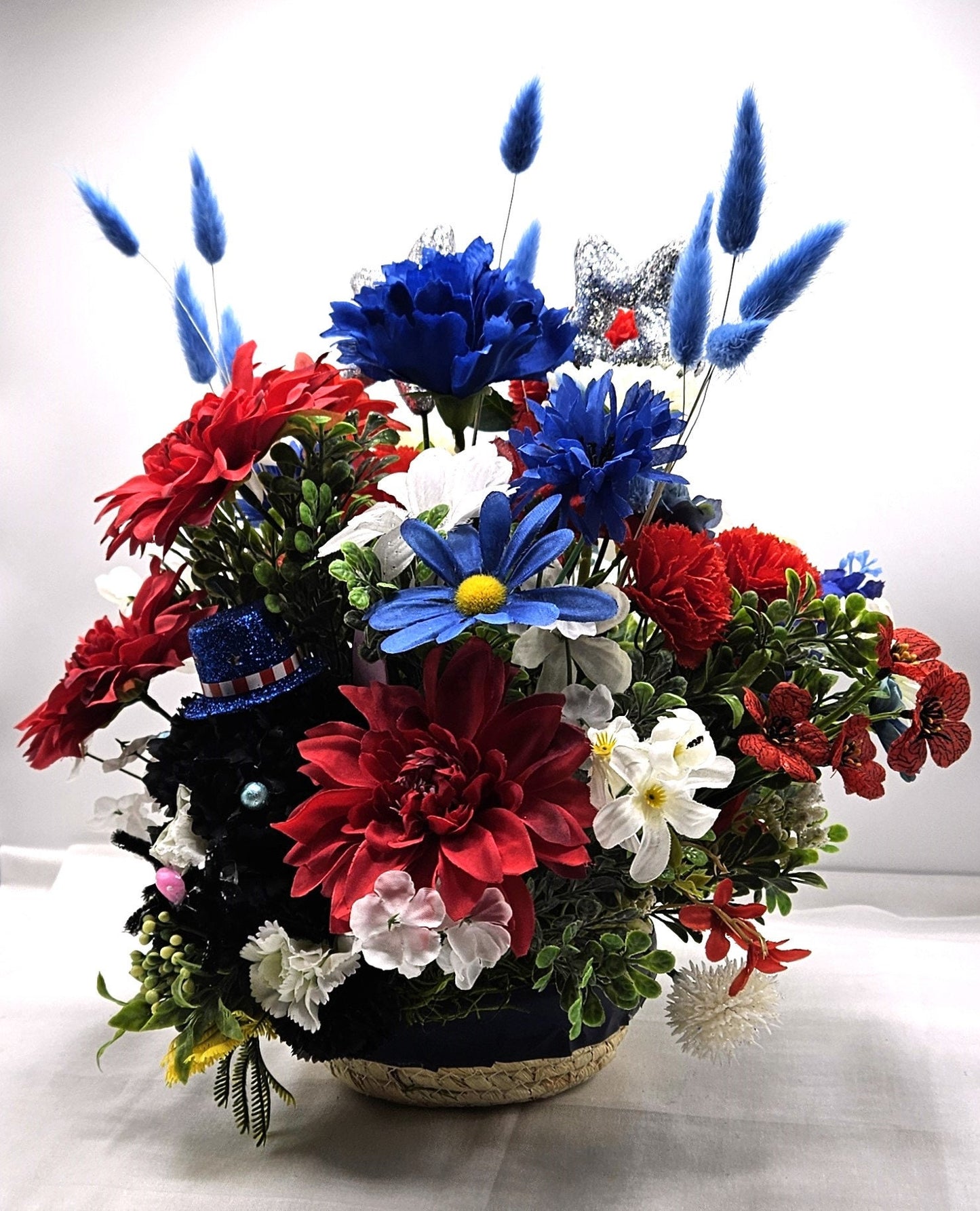 Black Silk Carnation Cat, Patriotic Hat, Pink Nose, Blue Eyes, Garden Cat Decor, Red White Blue Flowers, Cat Lover Gift