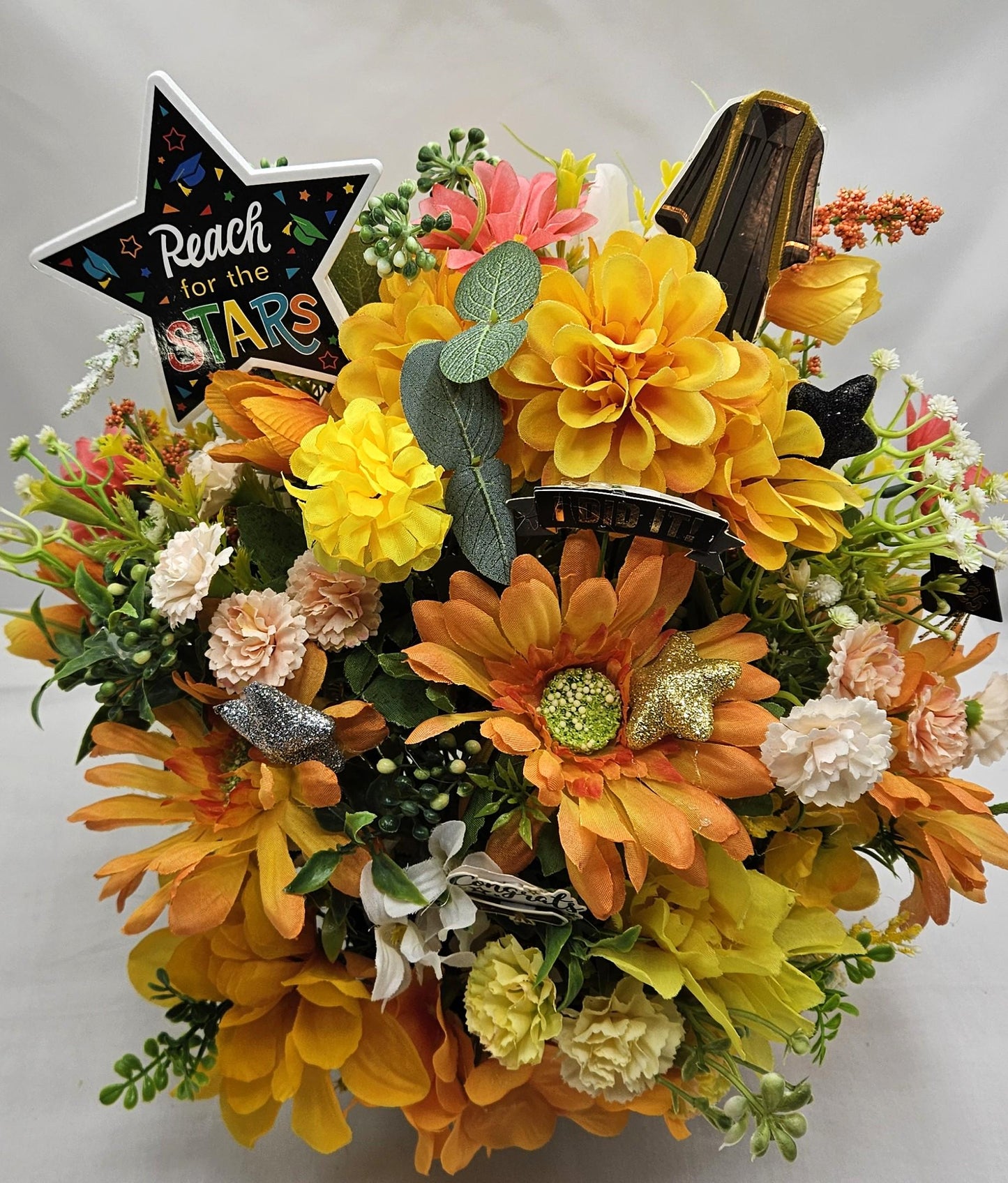 Graduation Flower Arramgements, 2 Choices, Blue and Yellow Congrats Grad or Orange and Yellow Reach for the Stars, Graduate Gift/Decor