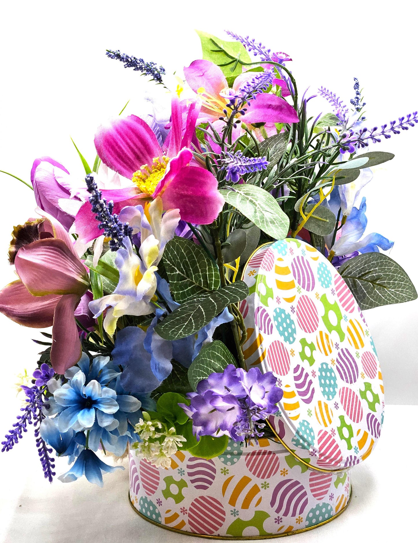 Large Easter Egg Tin with Vintage Rabbit Holding an Egg and Sitting amidst Purple/Lilac Lilies/Tulips and Blue Hyacinths